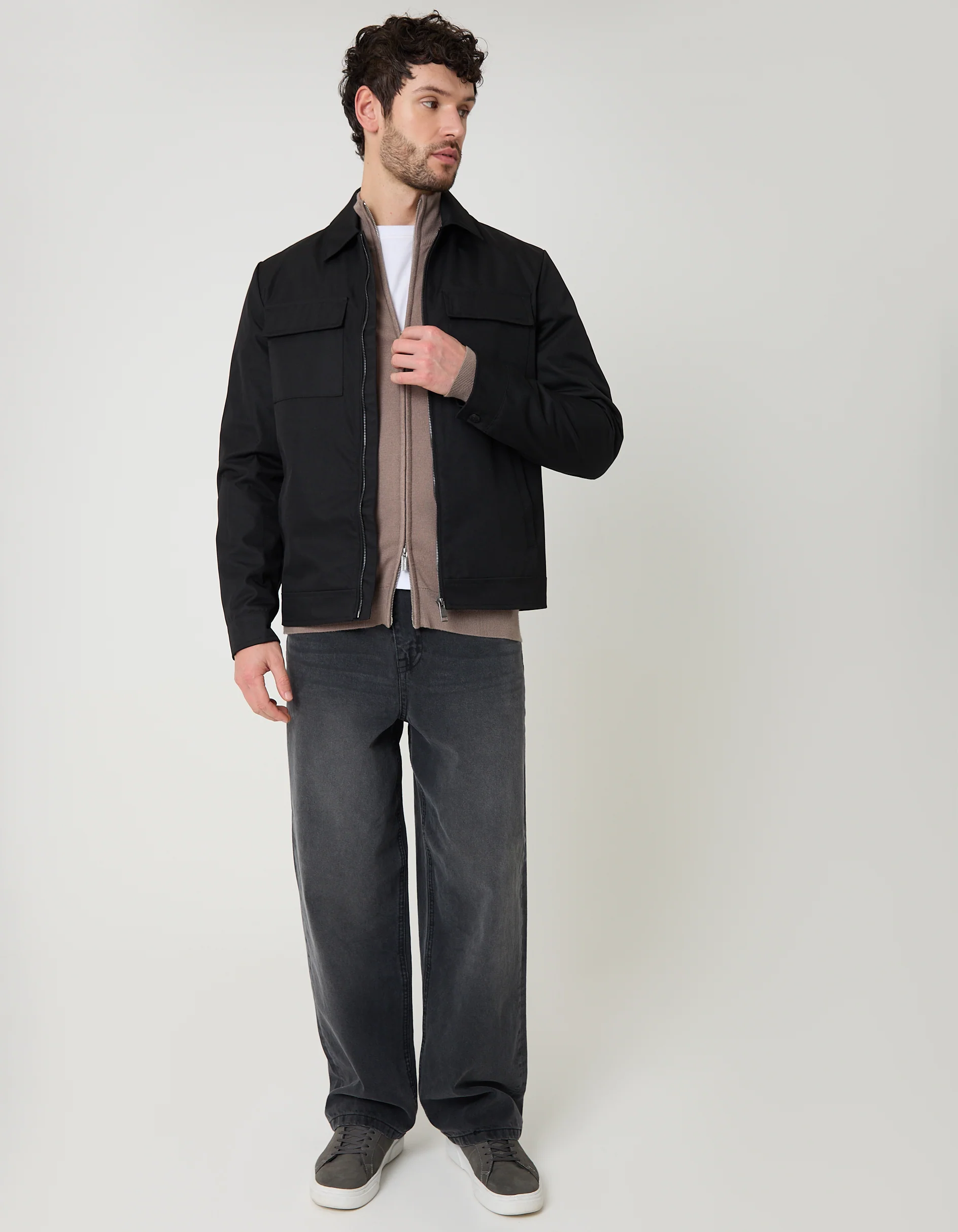 Showerproof Lightweight Zip Up Jacket With Collar in Black - Image 3