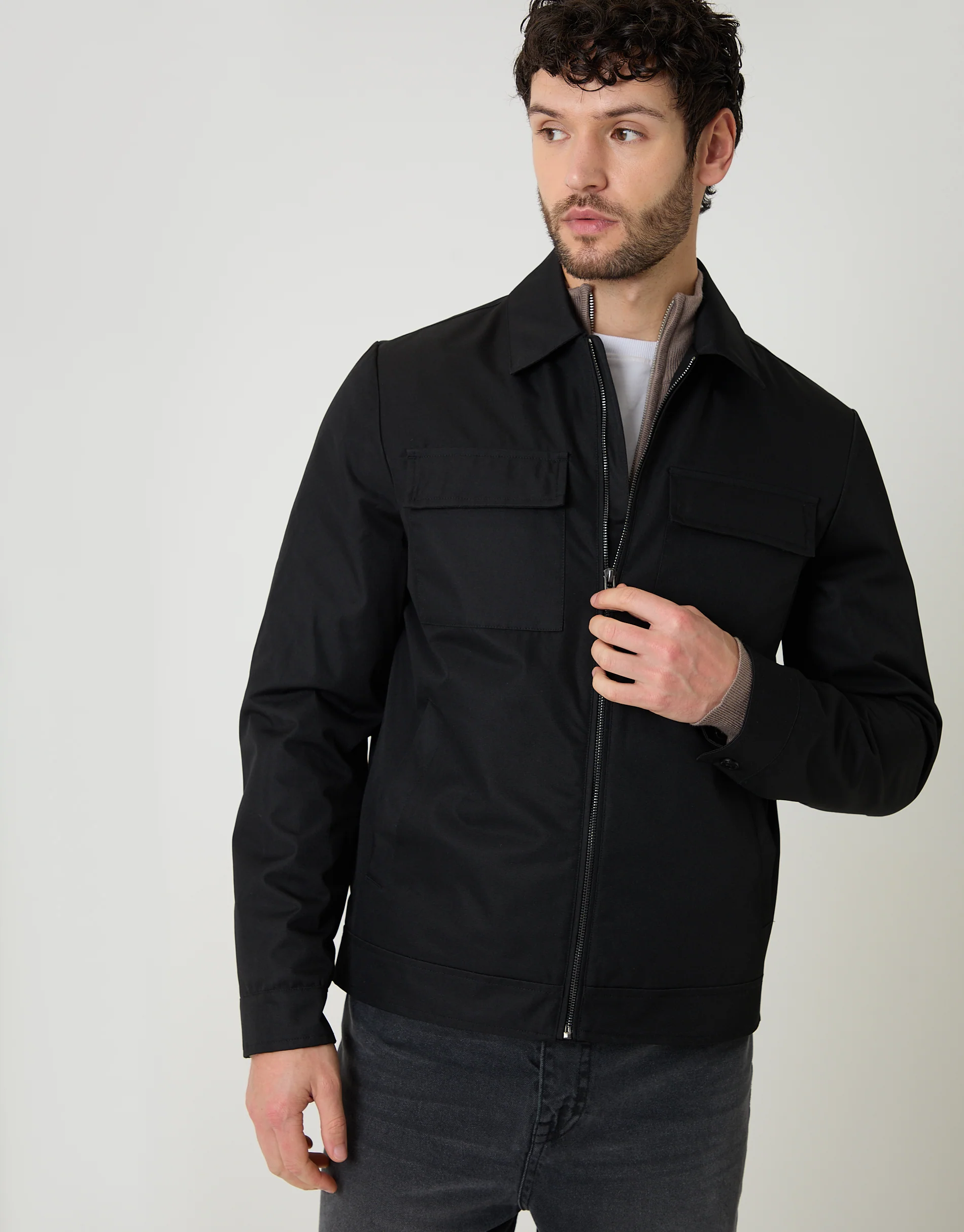 Showerproof Lightweight Zip Up Jacket With Collar in Black - Image 5