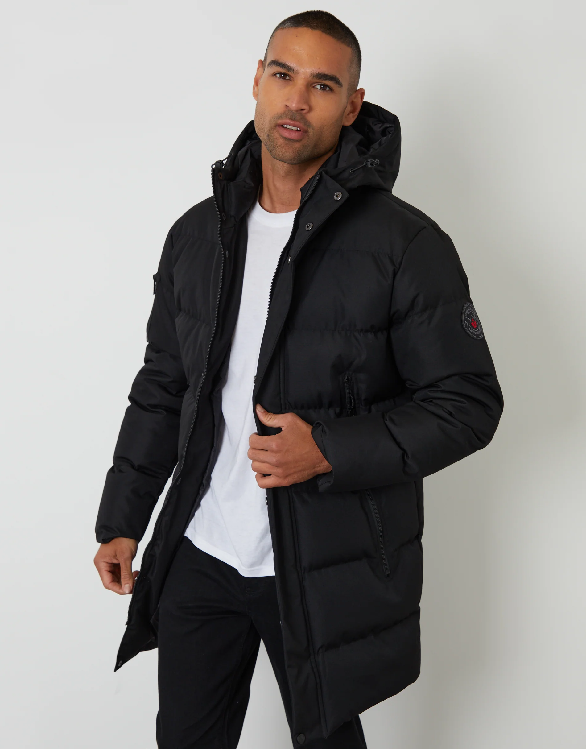 Showerproof Longline Hooded Puffer Jacket in Black