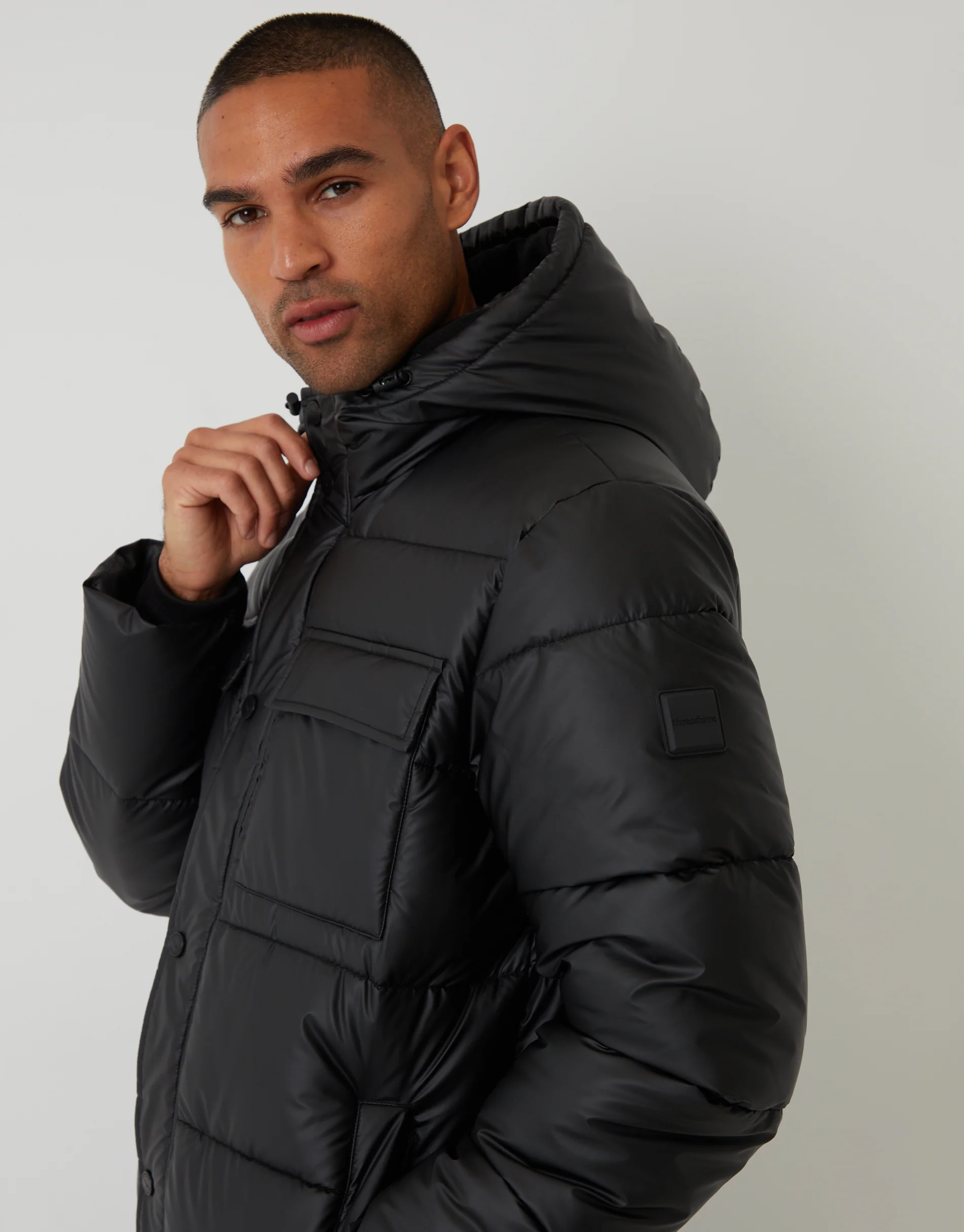 Showerproof PU Longline Puffer Coat in Black - Image 4