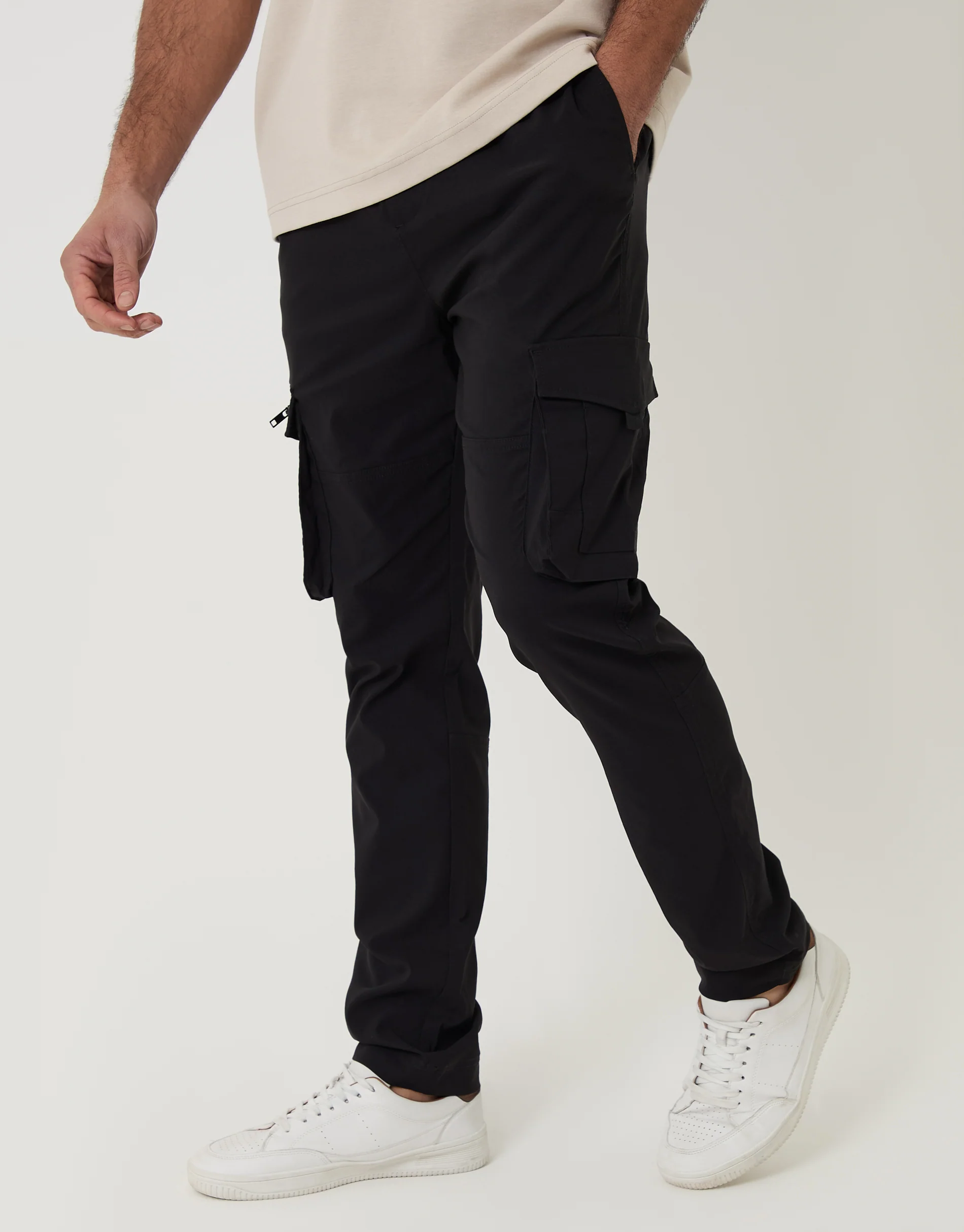 Slim Fit Stretch Cargo Trousers in Black - Image 2