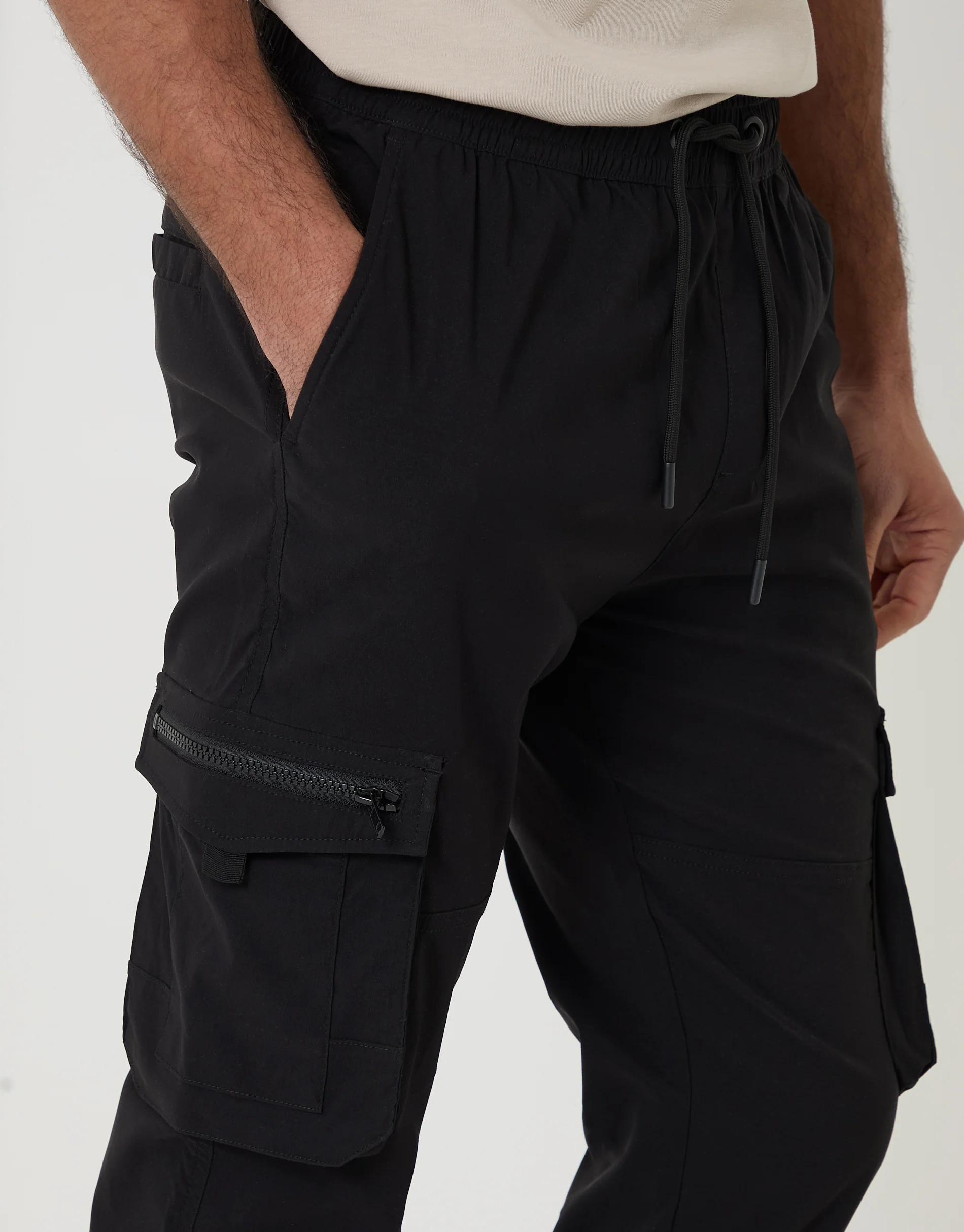 Slim Fit Stretch Cargo Trousers in Black - Image 4