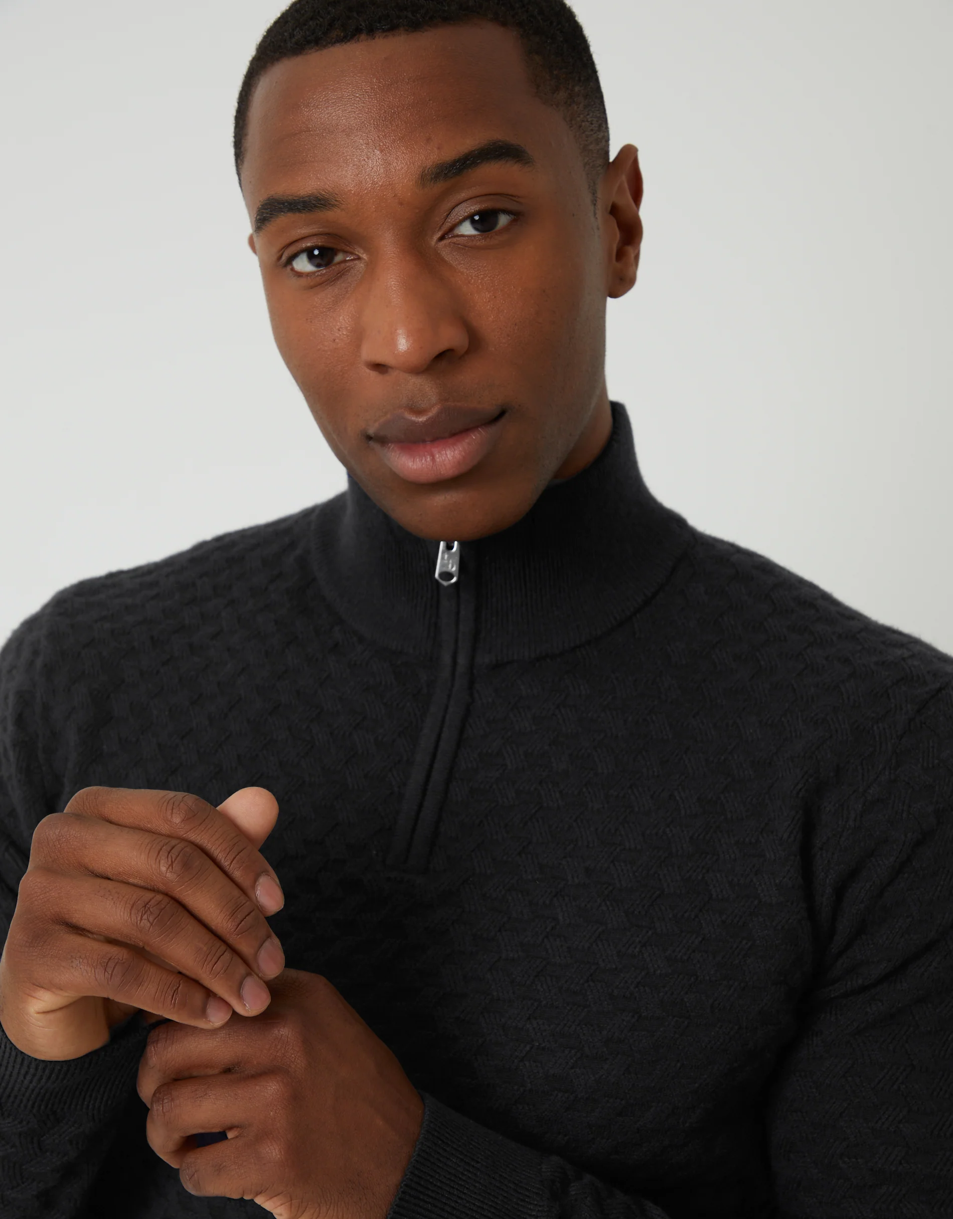 Textured Cable Knit Quarter Zip Jumper in Black - Image 4