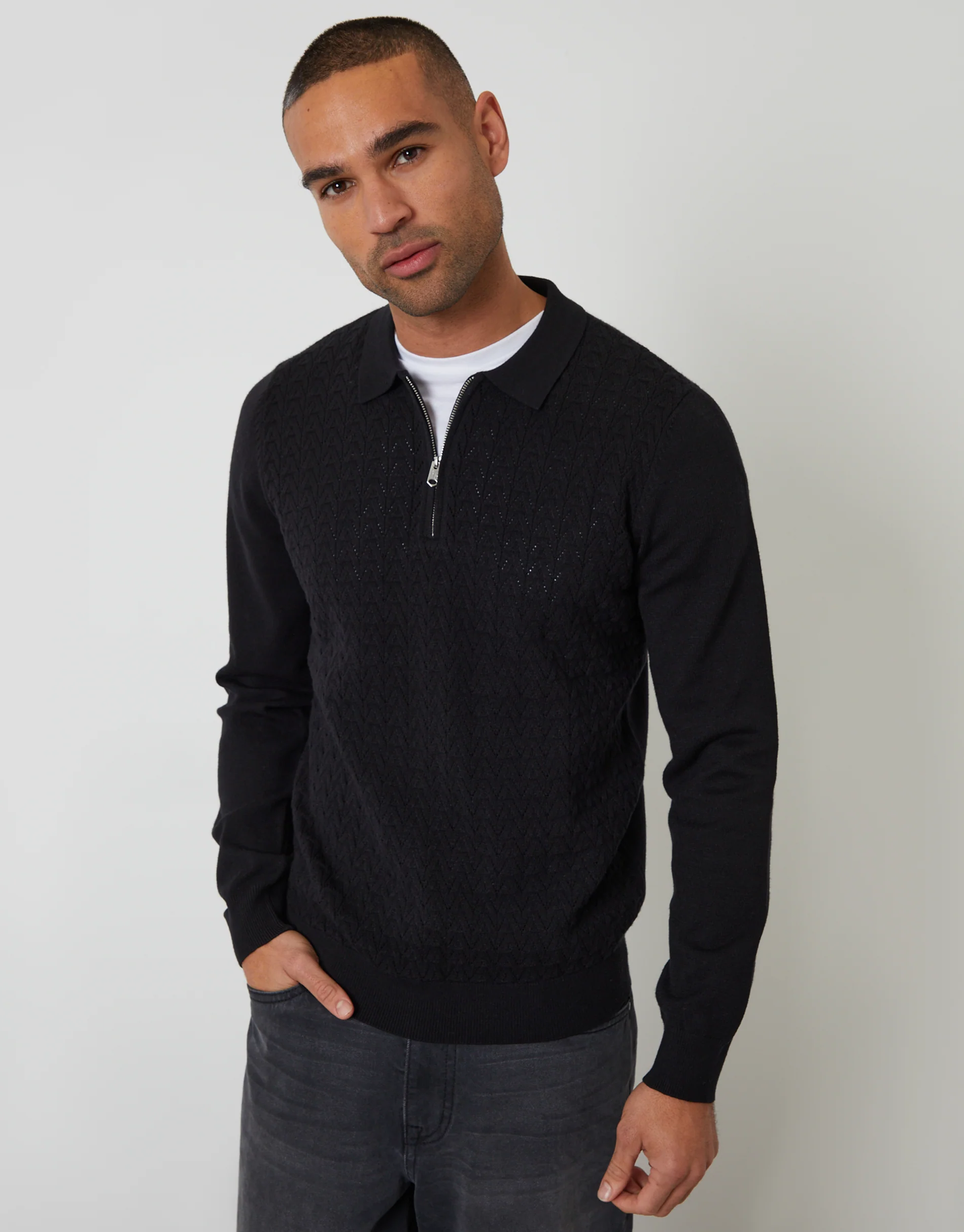Textured Knit Quarter Zip Polo Jumper in Black