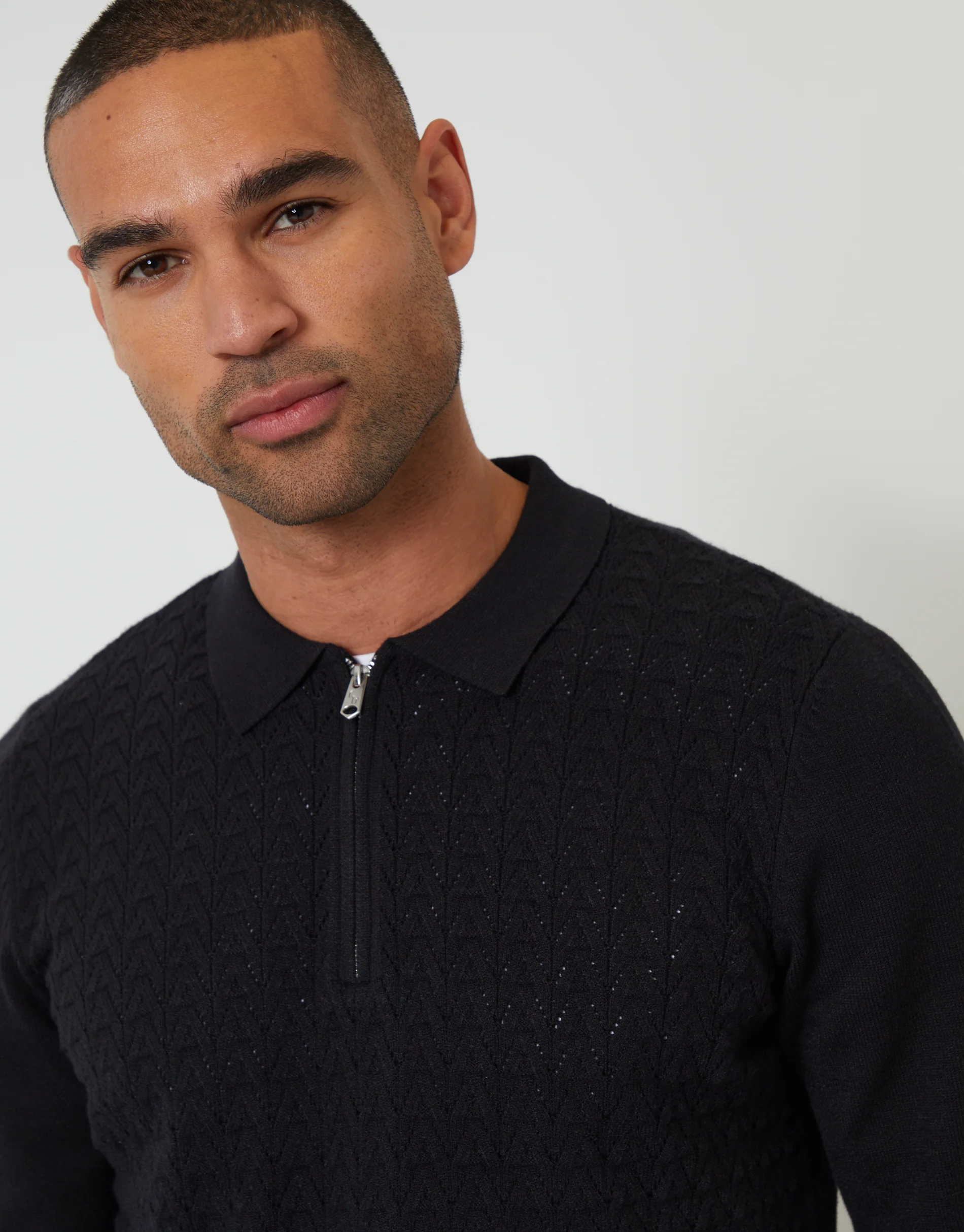 Textured Knit Quarter Zip Polo Jumper in Black - Image 4