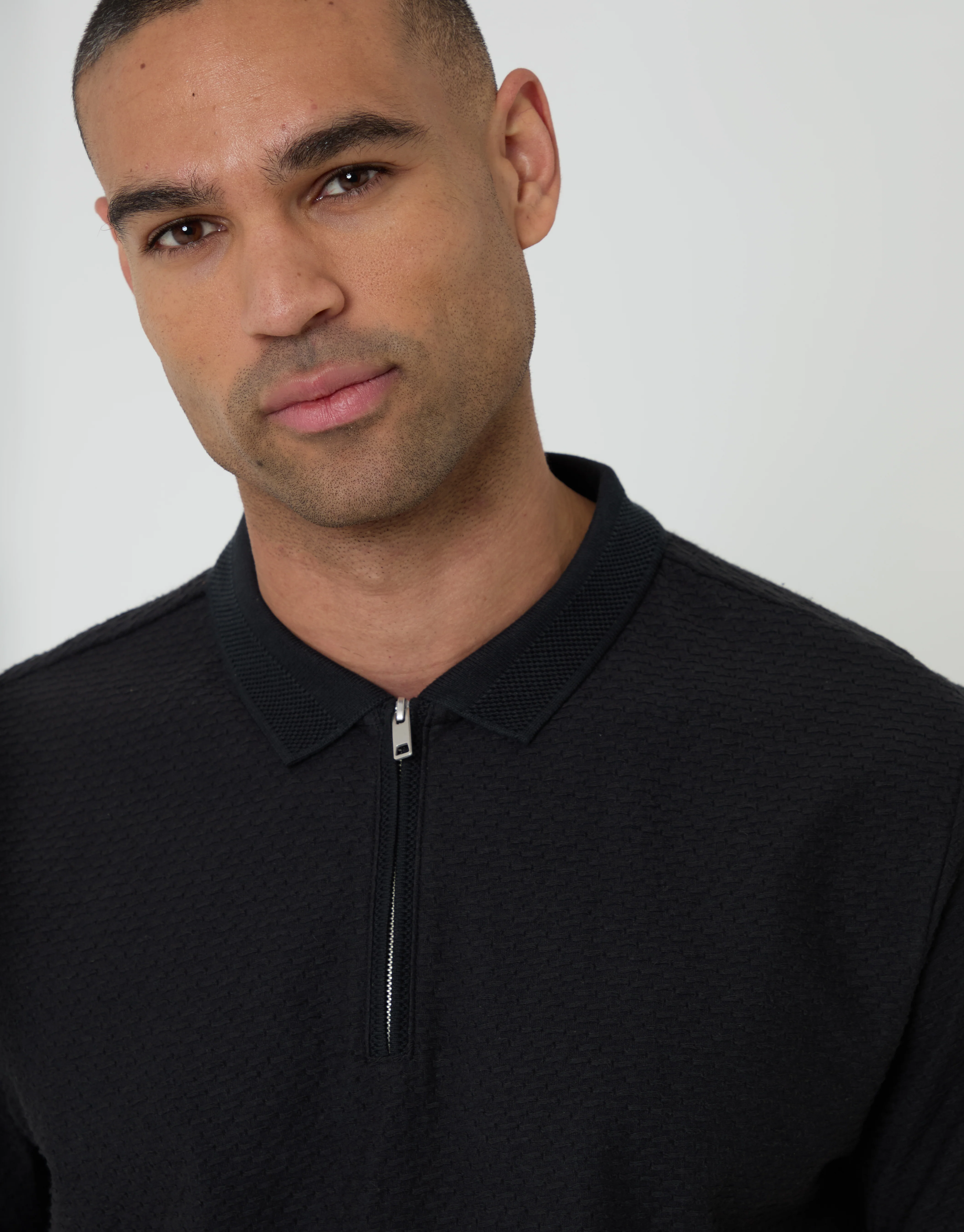 Textured Quarter Zip Polo Shirt in Black - Image 3