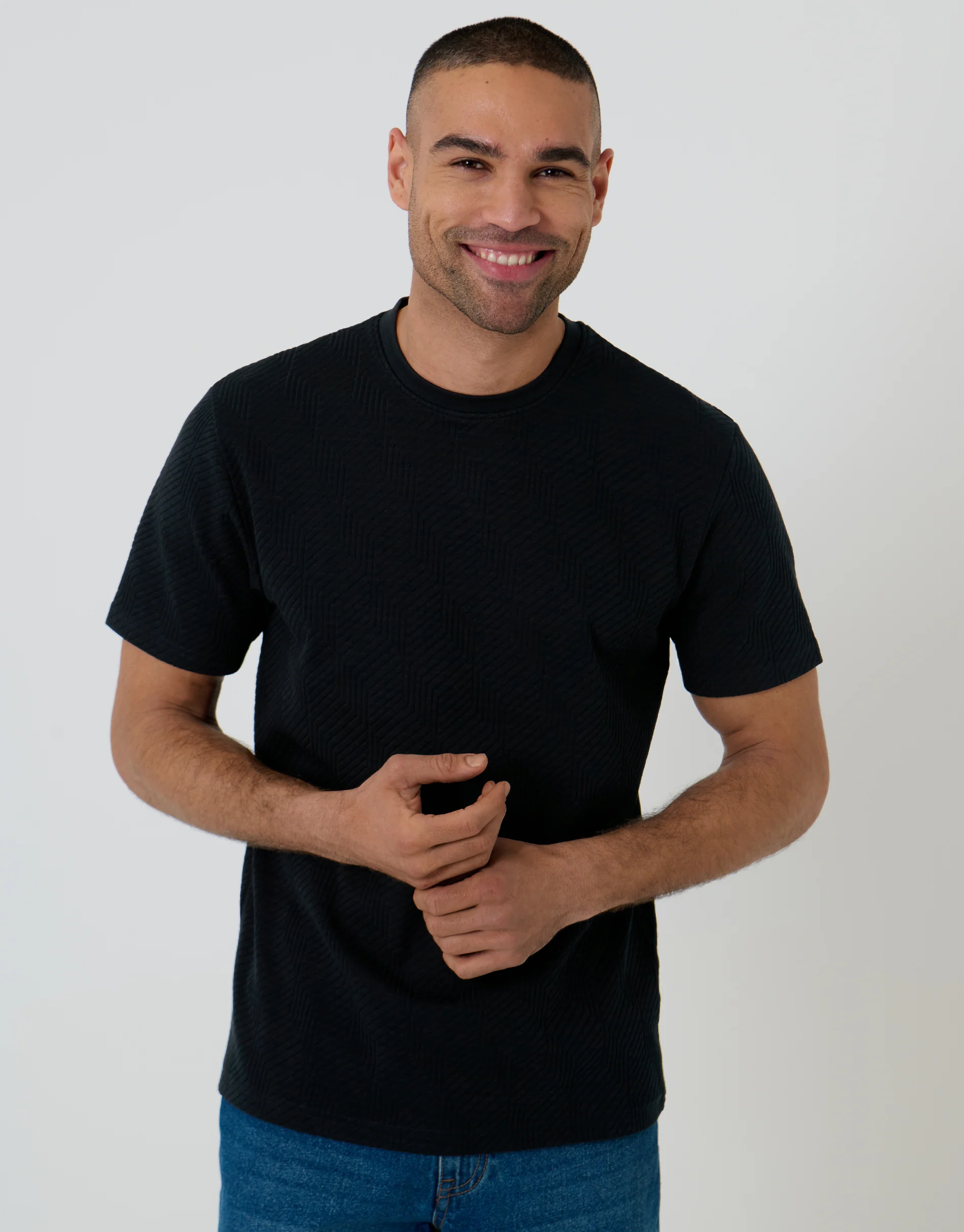 Textured Stretch Cotton Crew Neck T-Shirt in Black