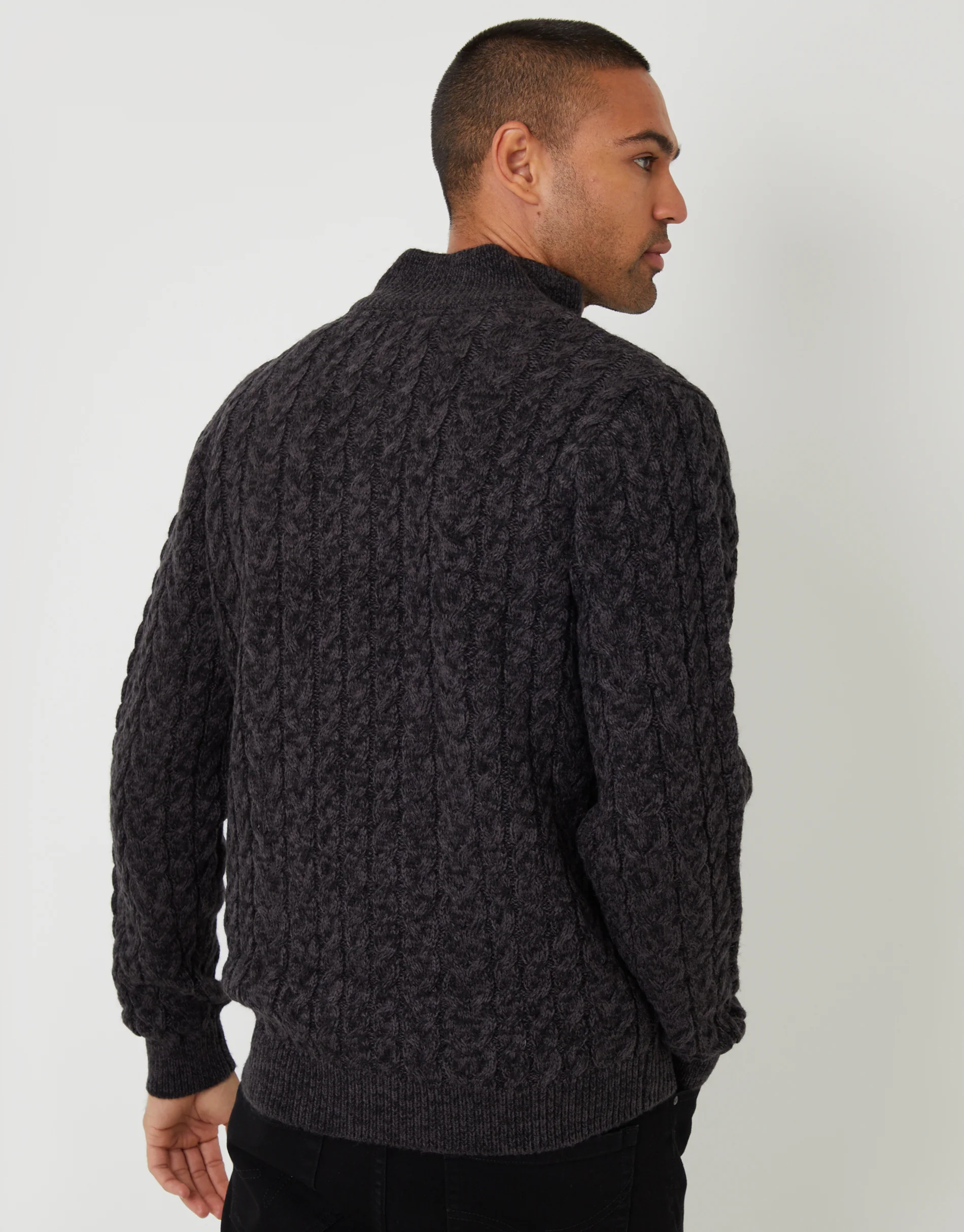 Funnel Neck Cable Knit Jumper in Black Twist - Image 2