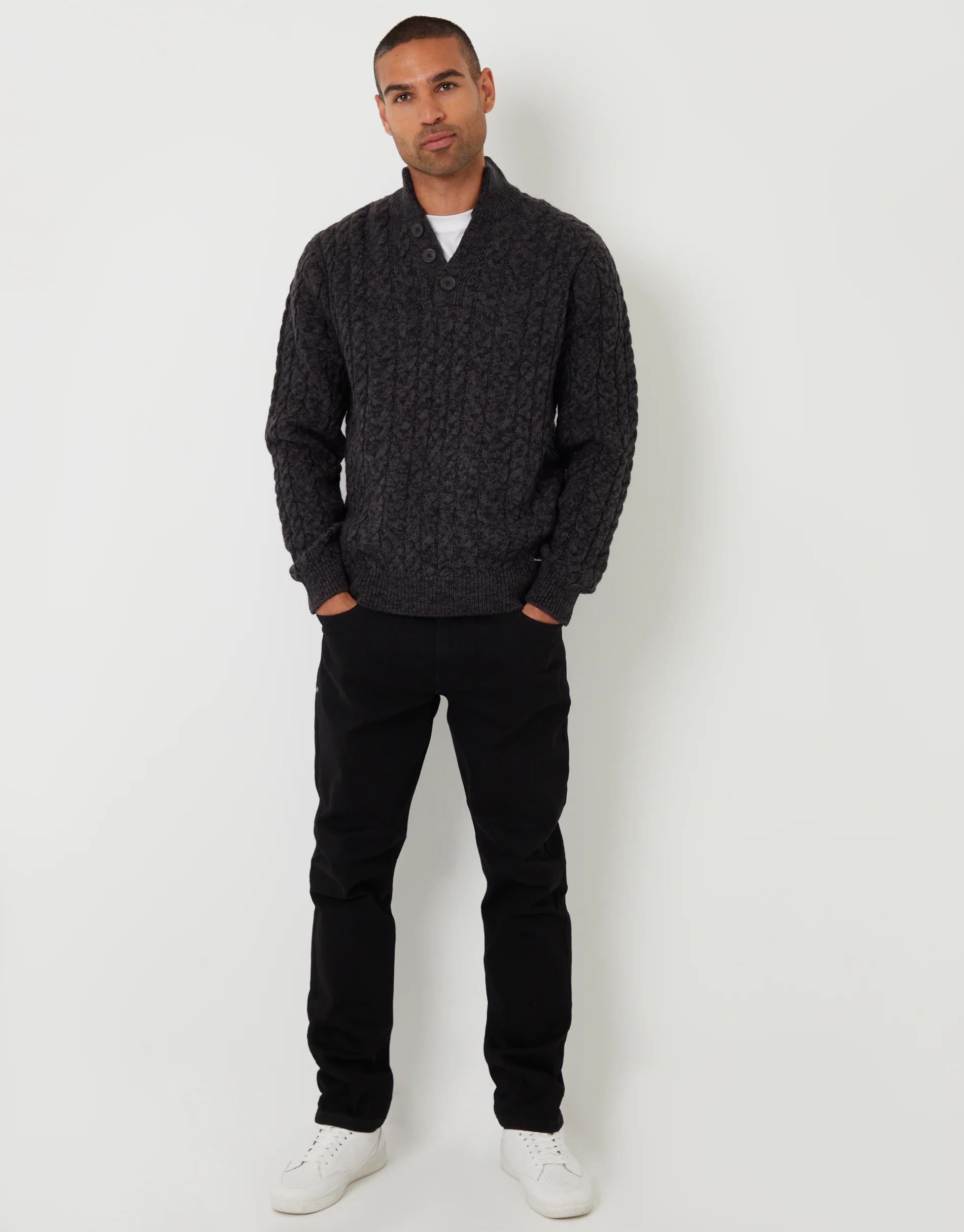 Funnel Neck Cable Knit Jumper in Black Twist - Image 3