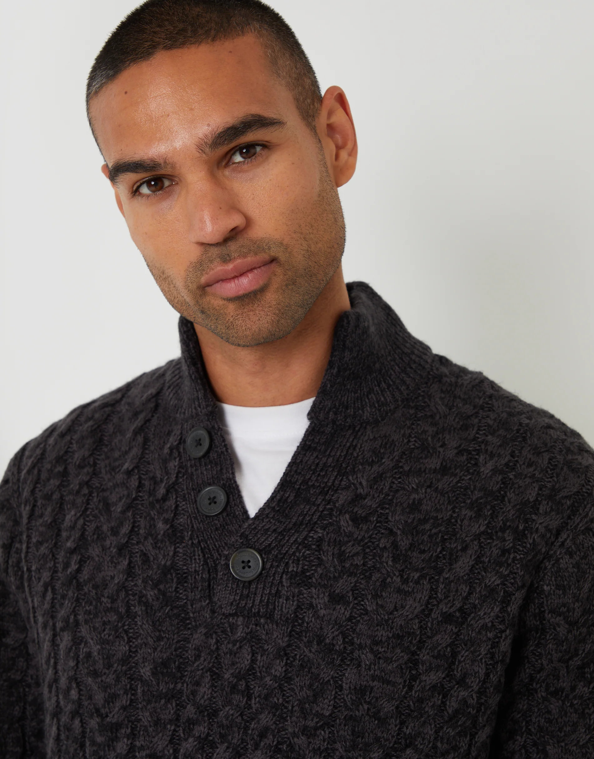 Funnel Neck Cable Knit Jumper in Black Twist - Image 4