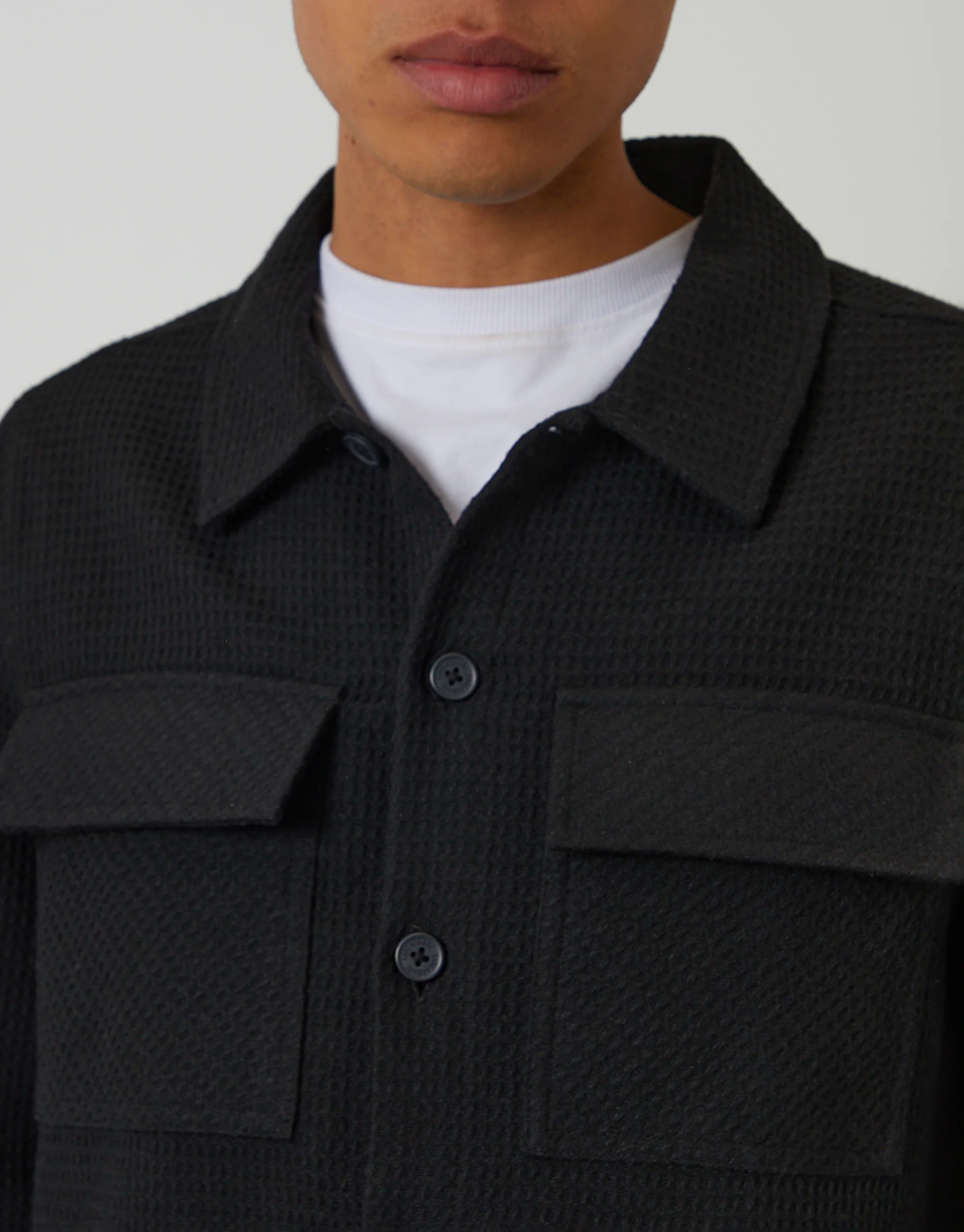 Waffle Textured Straight Hem Shacket in Black - Image 4