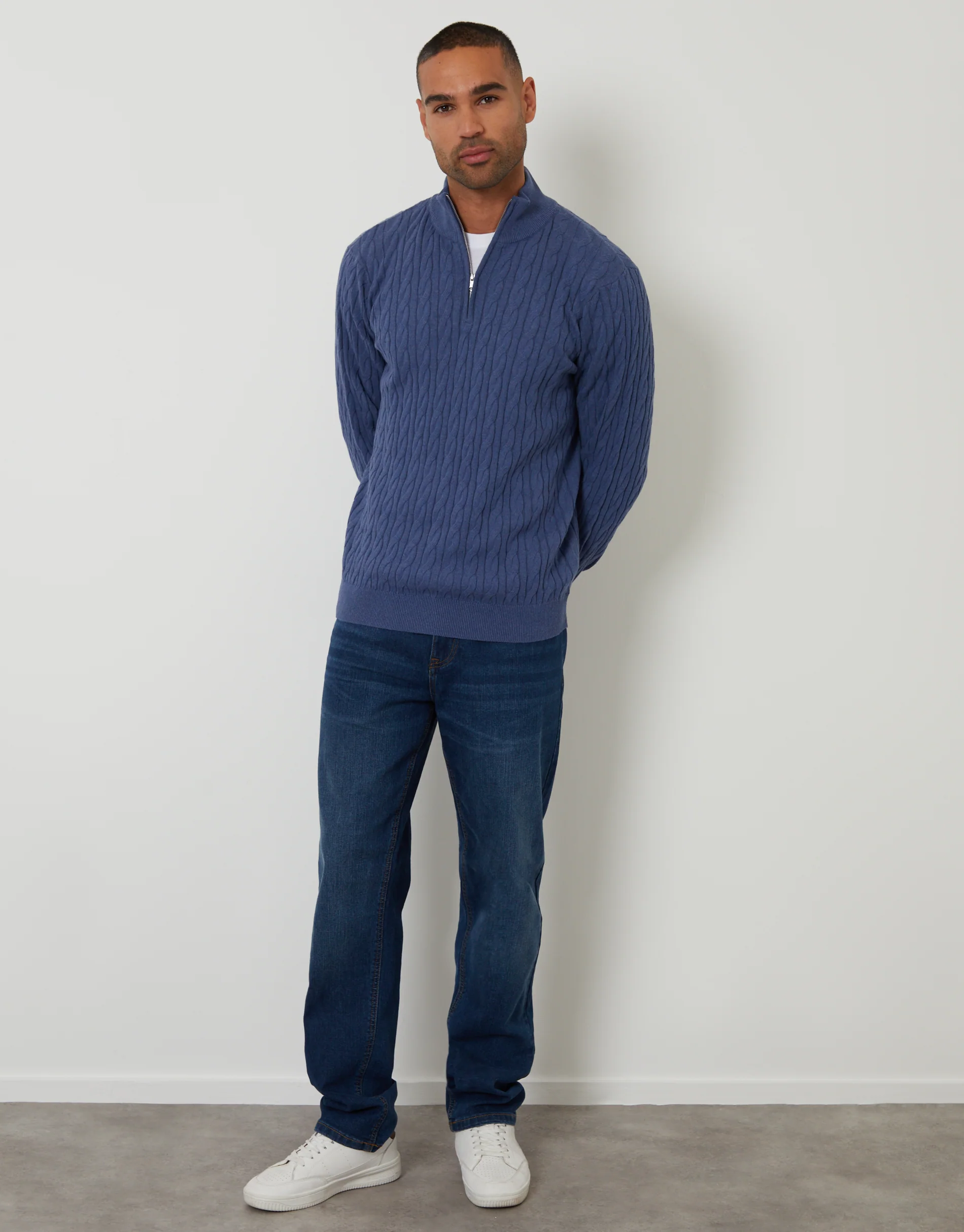 Cable Knit Quarter Zip Jumper in Blue - Image 3