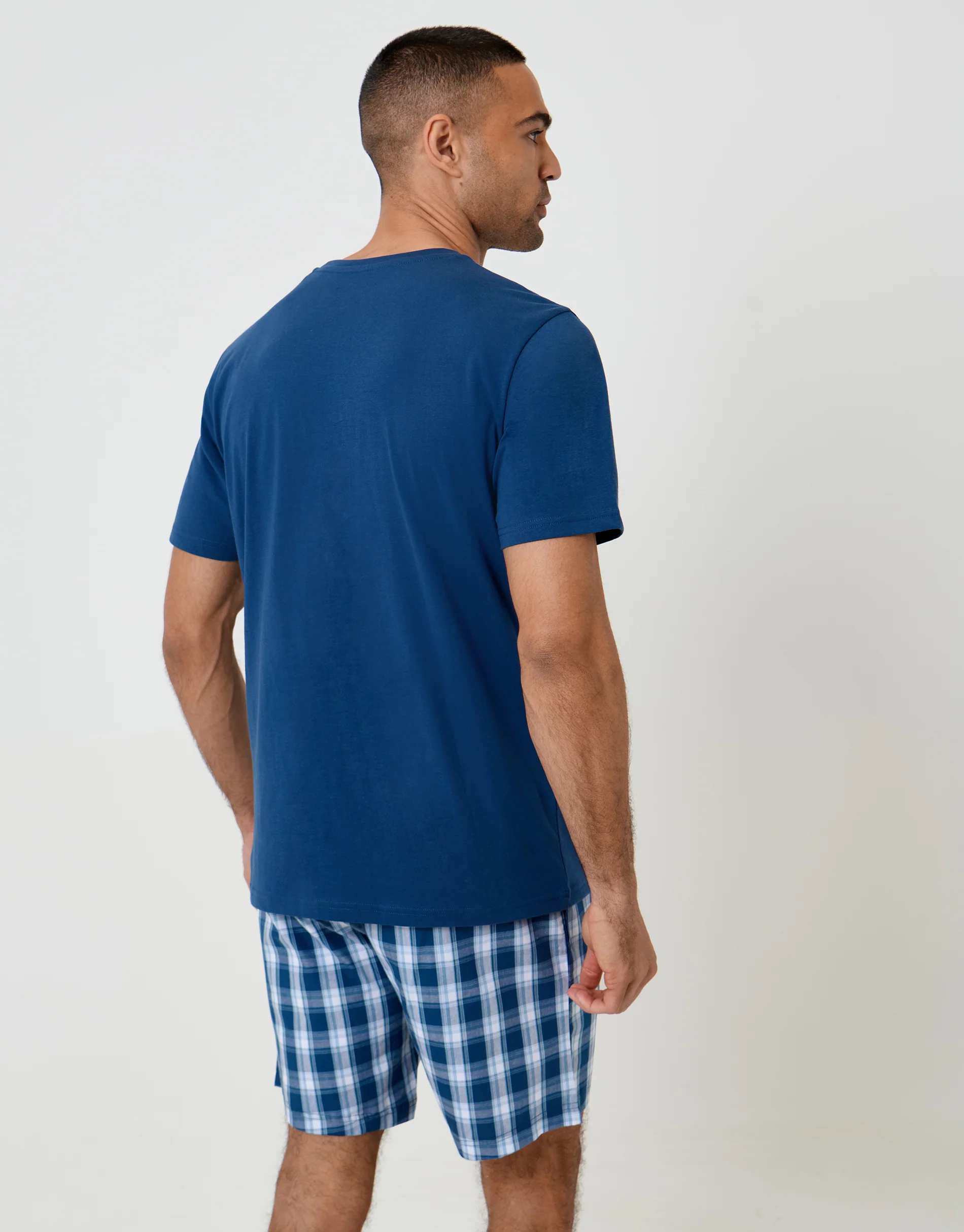 T-Shirt & Shorts Pyjama Set in Blue Check - Image 2