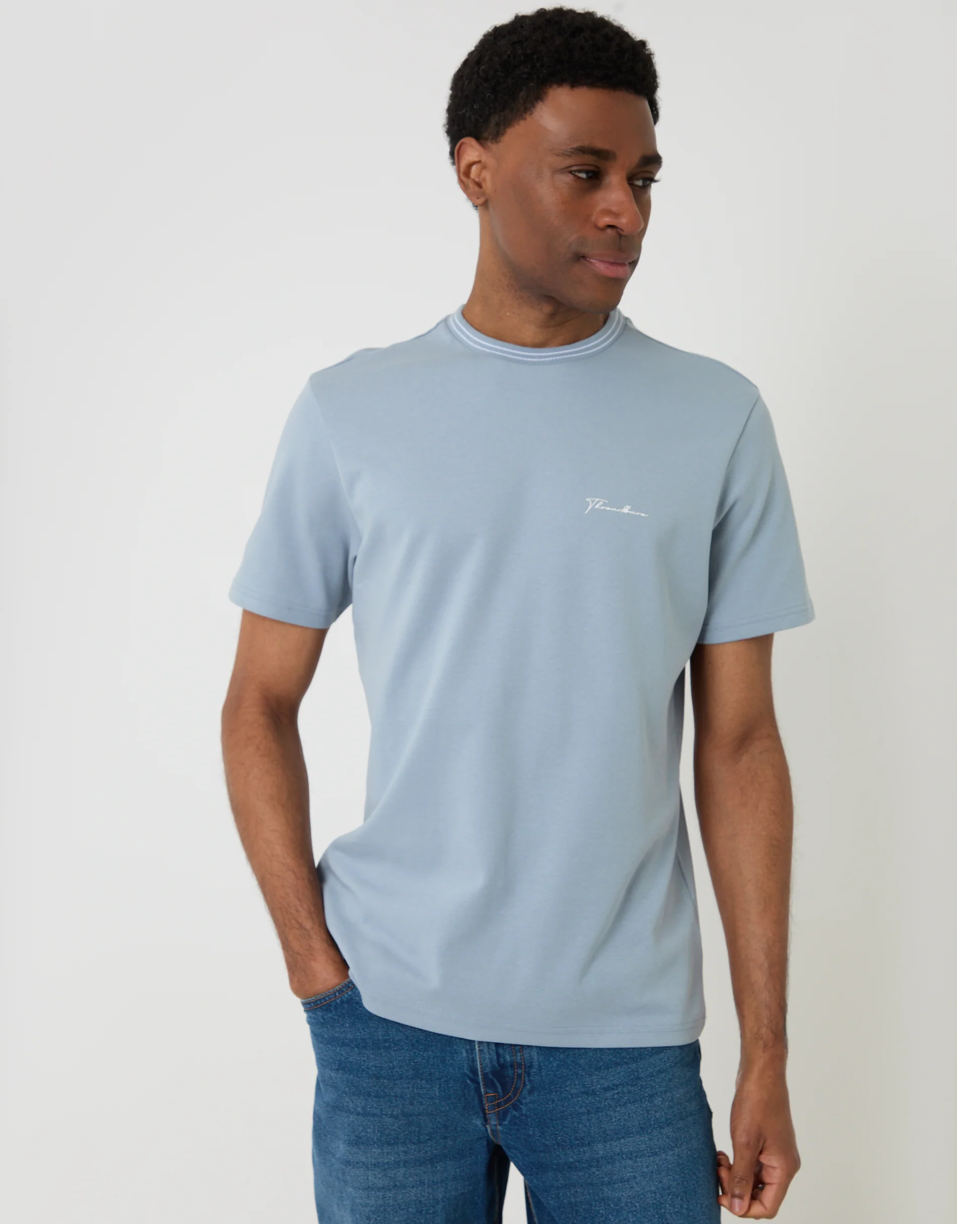 Cotton Crew Neck Script T-Shirt in Blue - Image 2