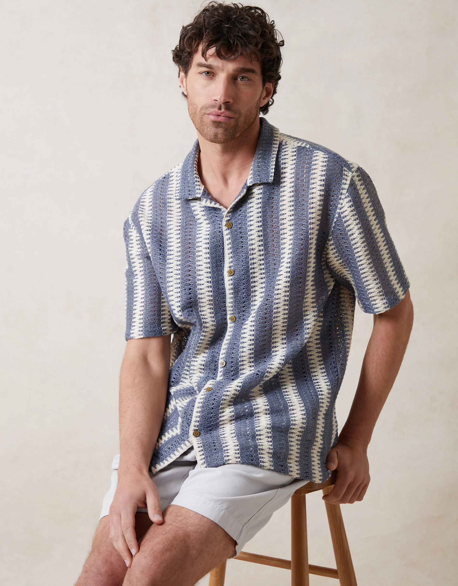 Relaxed Fit Crochet Short Sleeve Shirt in Blue & Ecru