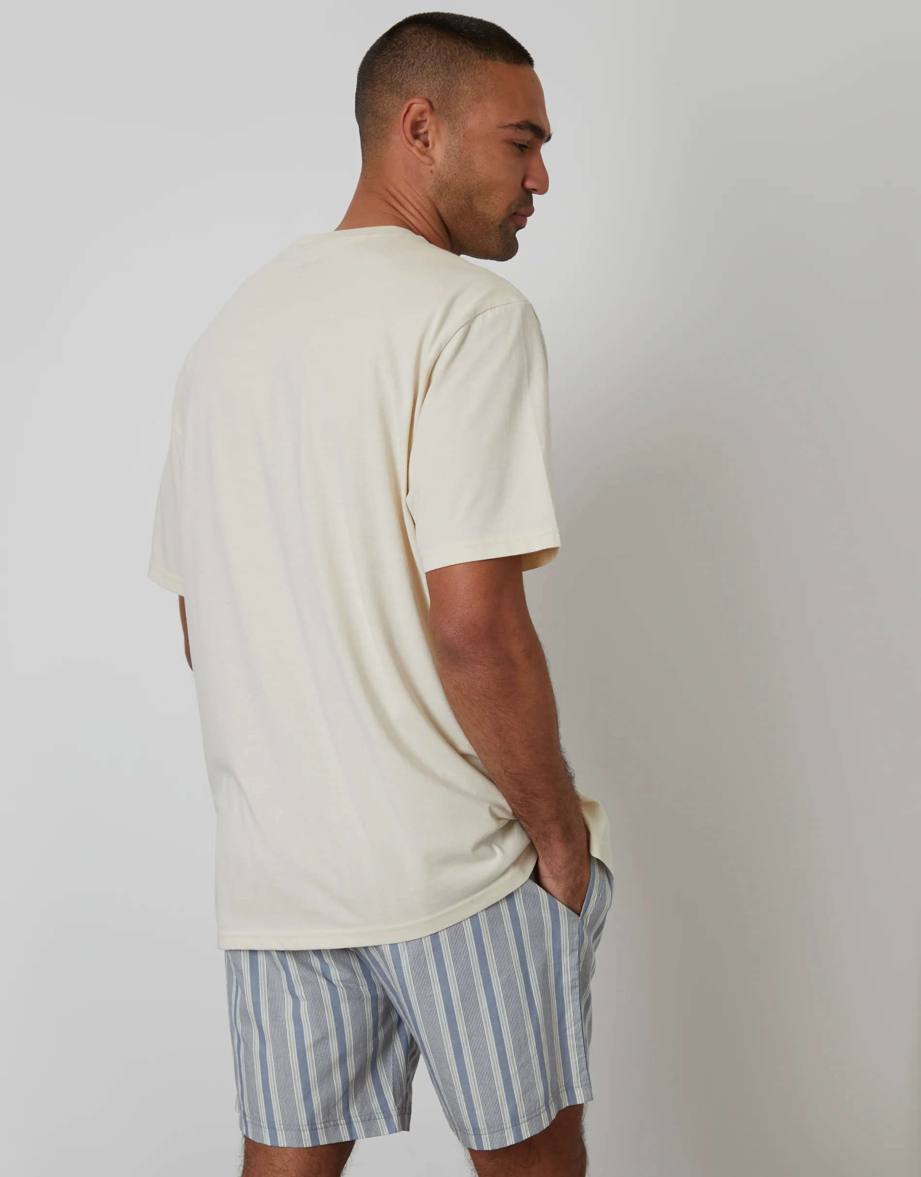 Relaxed Fit Pyjama T-Shirt & Shorts Set in Blue & Ecru Stripe - Image 2