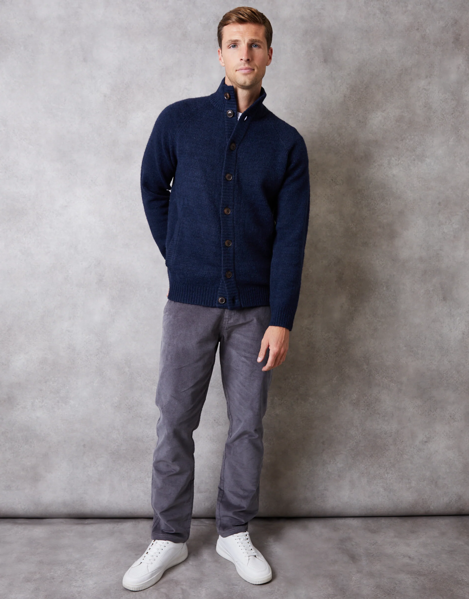 Funnel Neck Button Up Knitted Cardigan in Blue