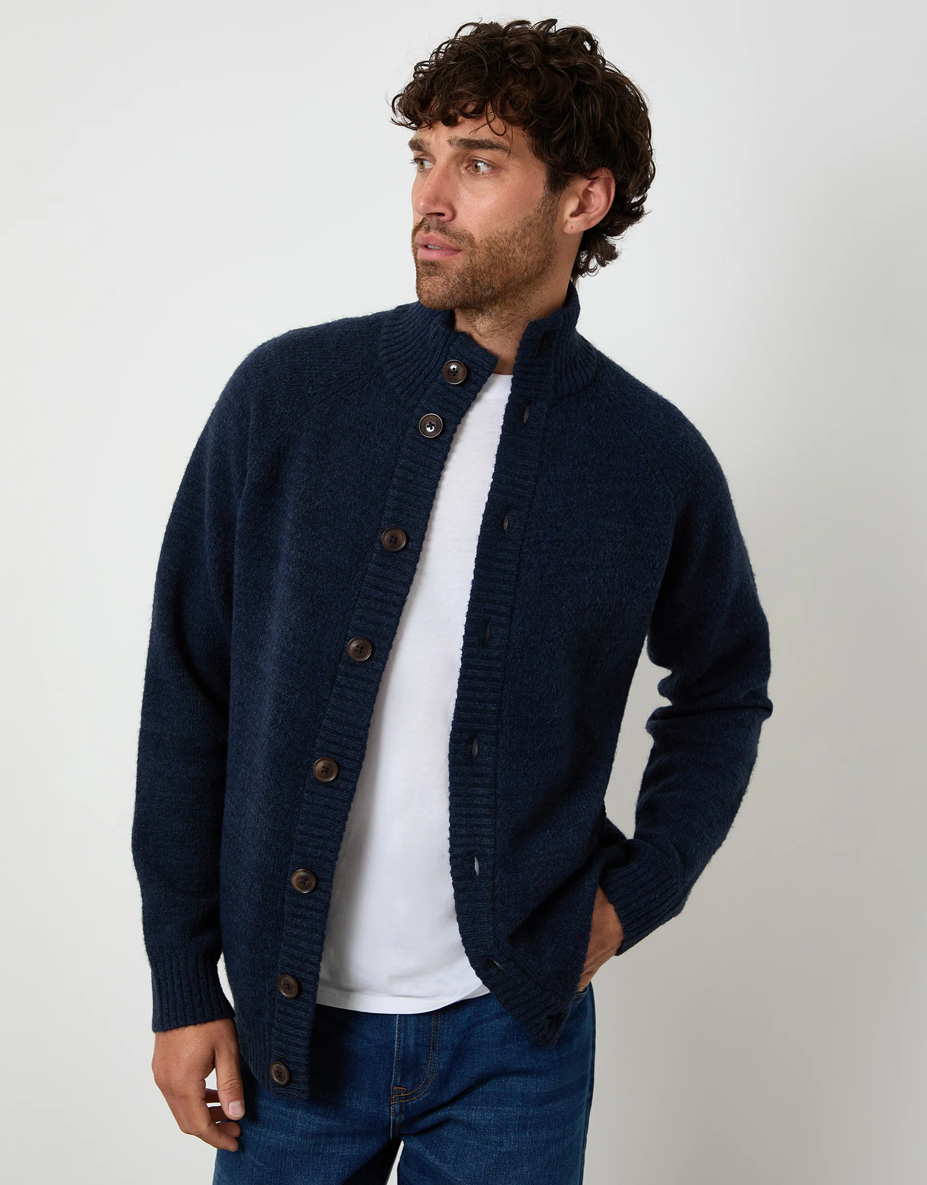 Funnel Neck Button Up Knitted Cardigan in Blue - Image 2