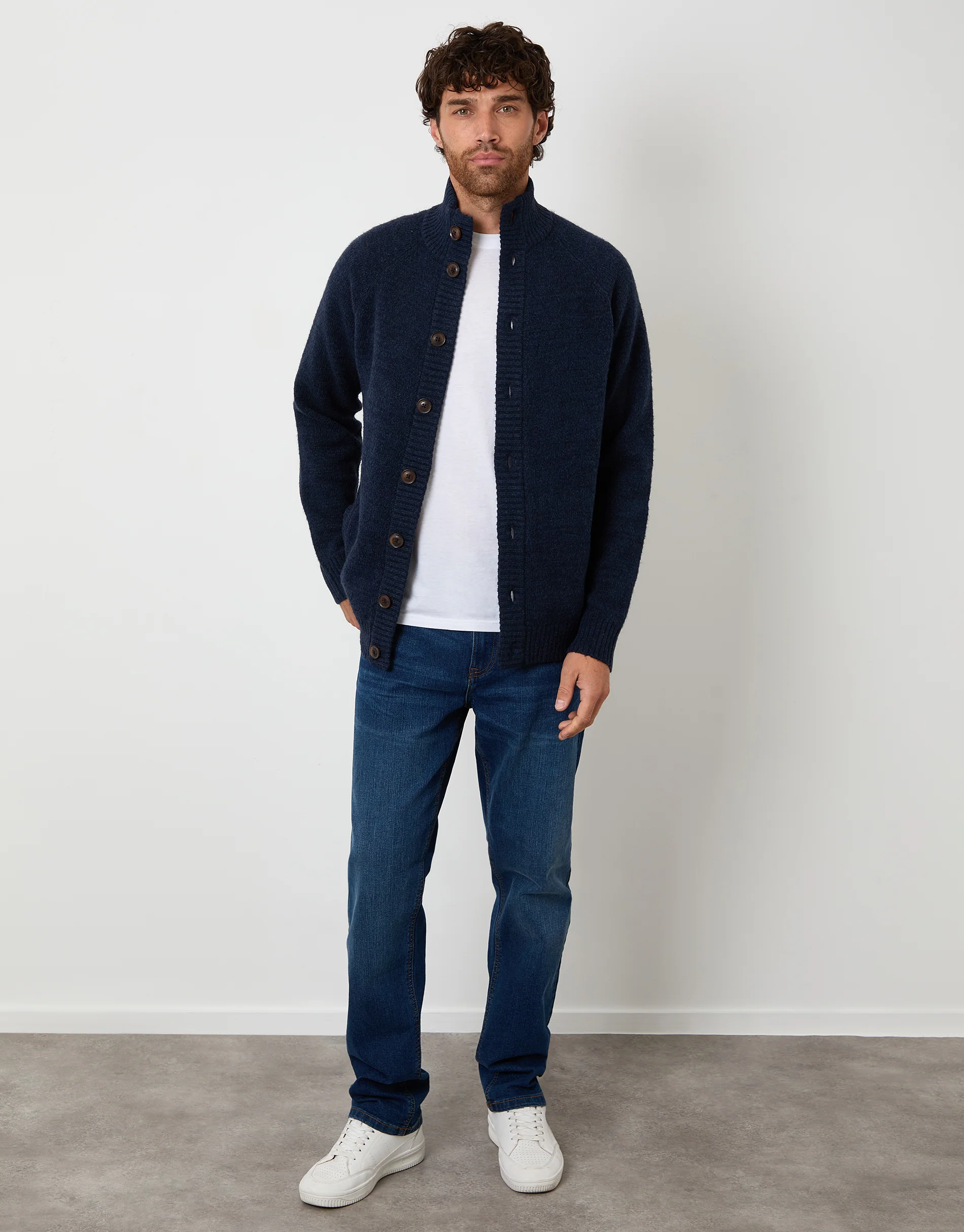 Funnel Neck Button Up Knitted Cardigan in Blue - Image 4