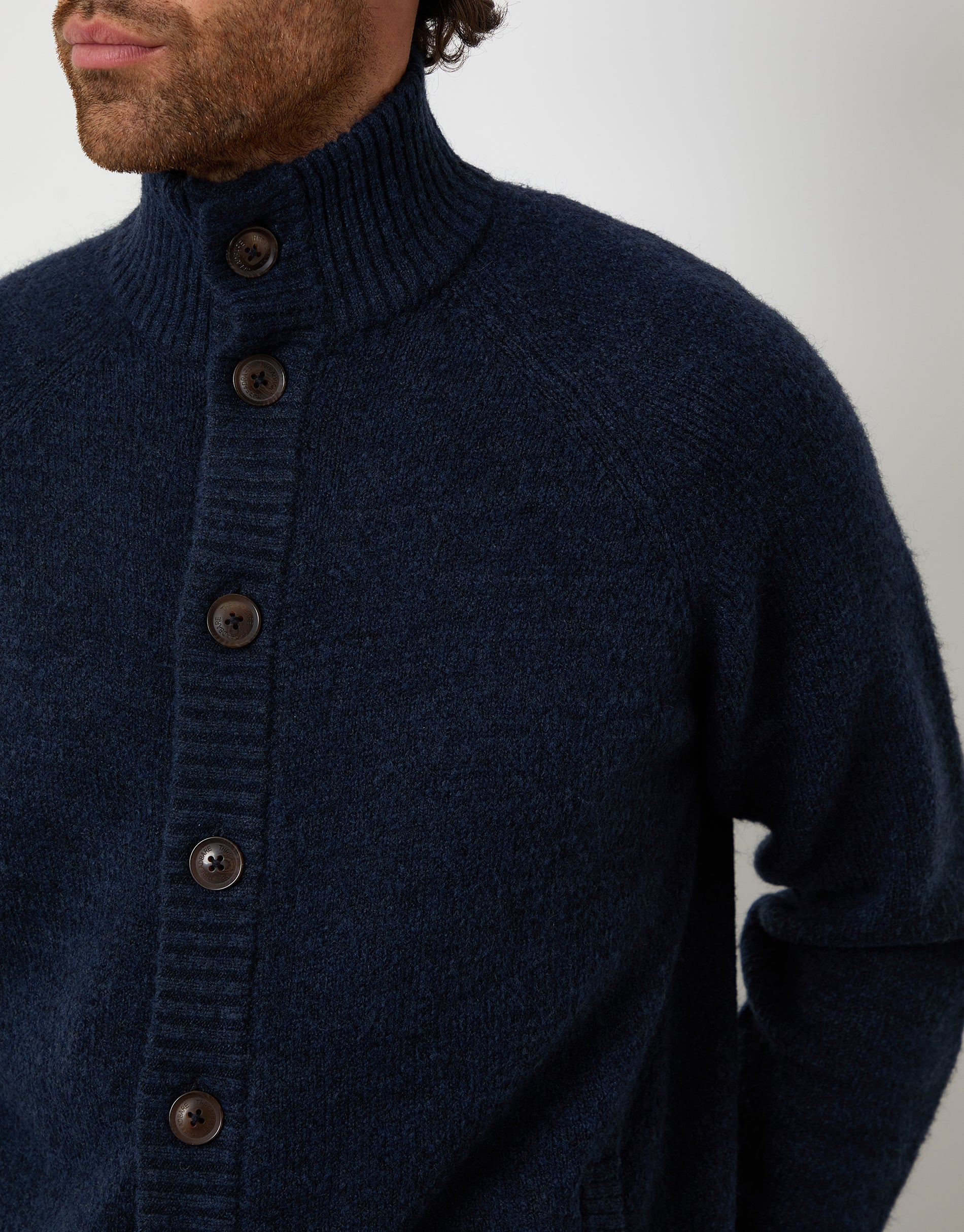 Funnel Neck Button Up Knitted Cardigan in Blue - Image 5
