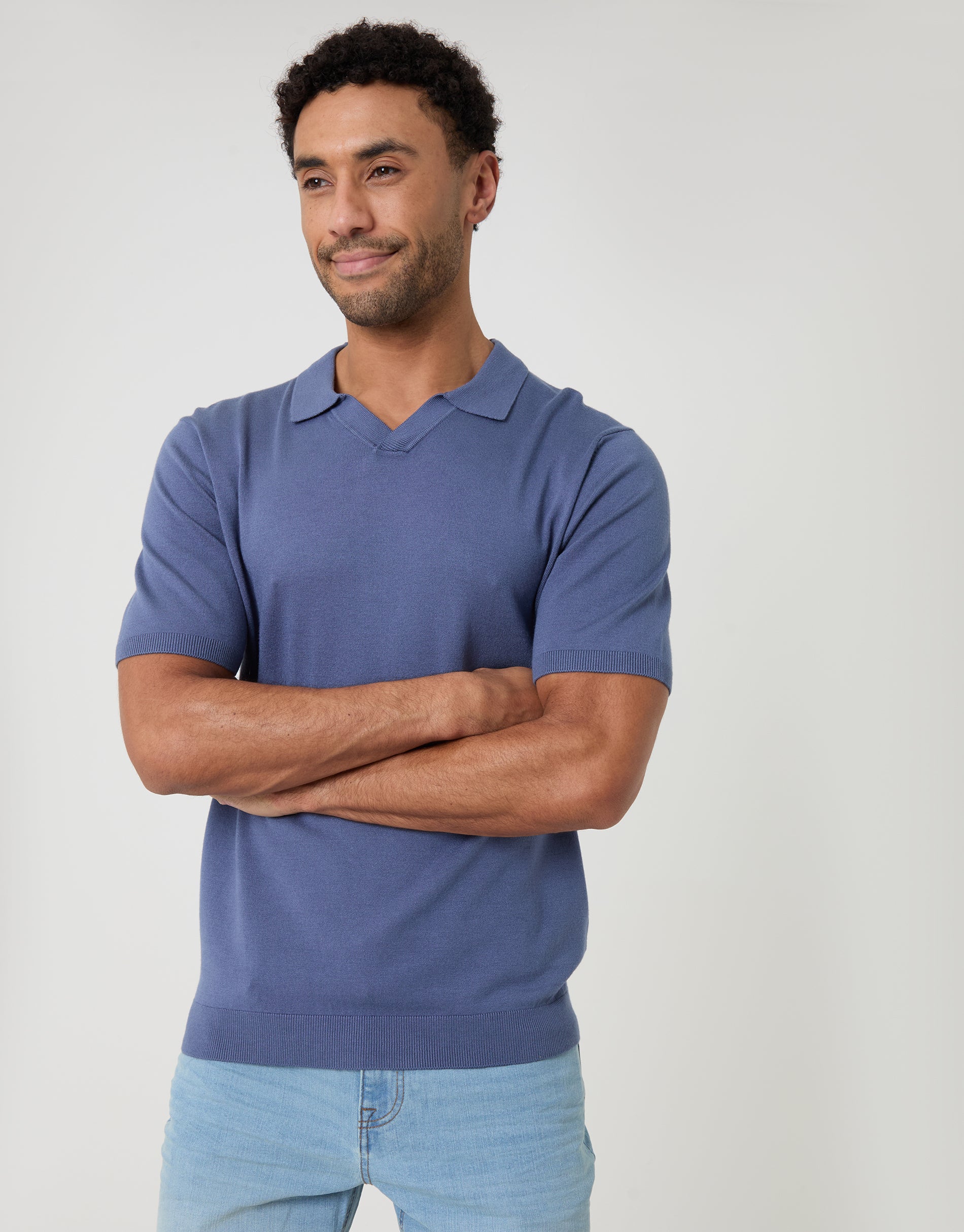 Knitted Trophy Neck Polo in Blue