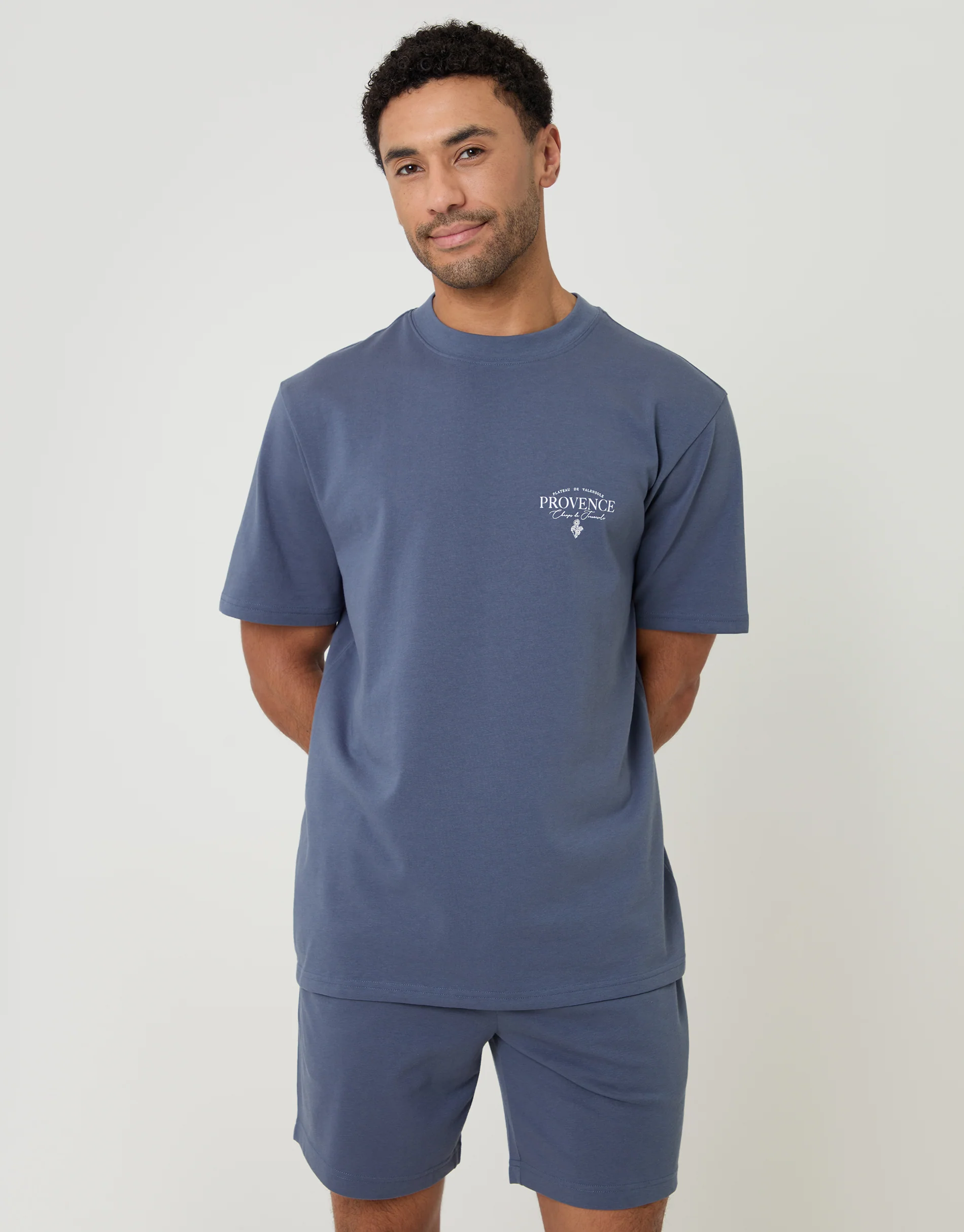Relaxed Fit Graphic Top & Shorts Lounge Set in Blue