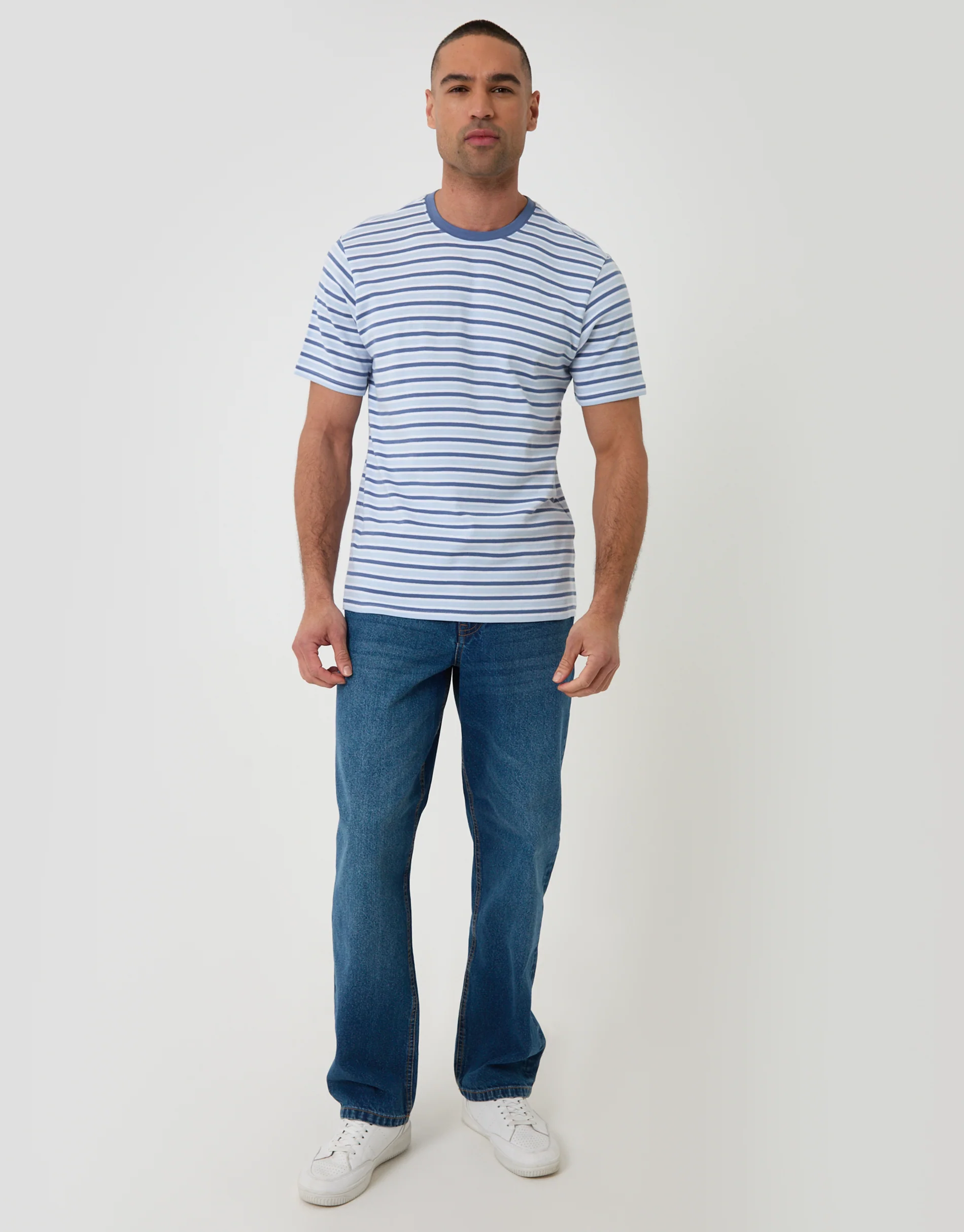 Cotton Crew Neck T-Shirt in Blue Stripe