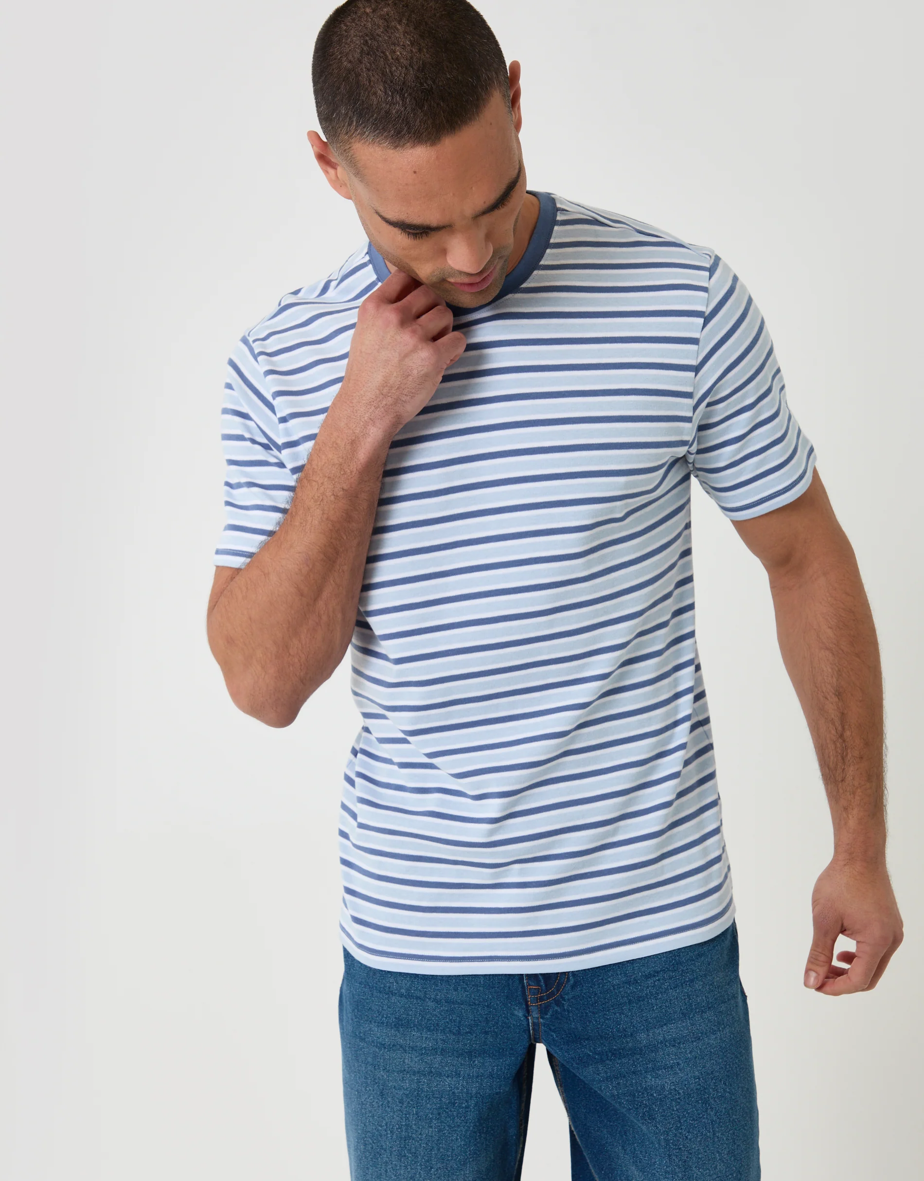 Cotton Crew Neck T-Shirt in Blue Stripe - Image 2