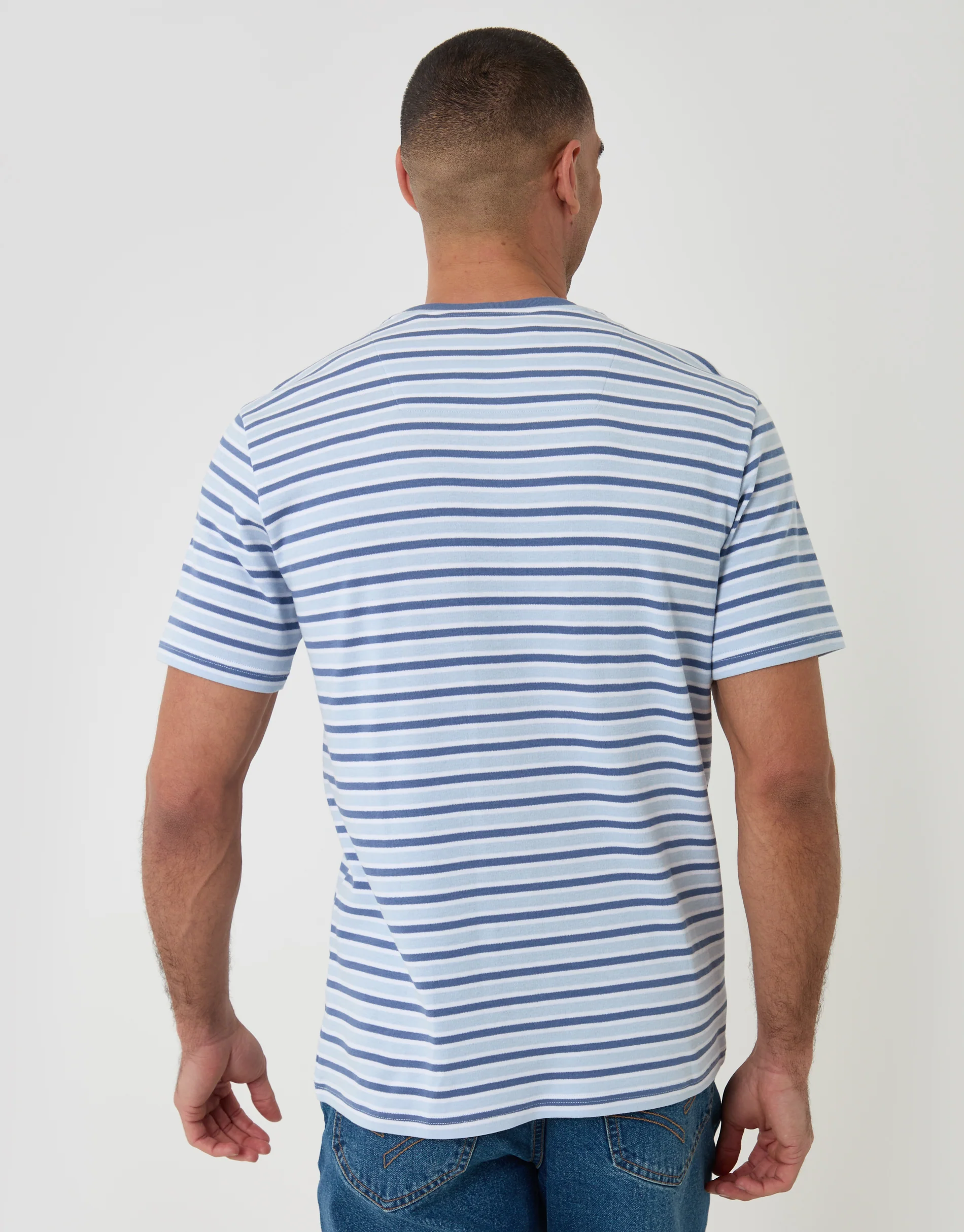 Cotton Crew Neck T-Shirt in Blue Stripe - Image 3