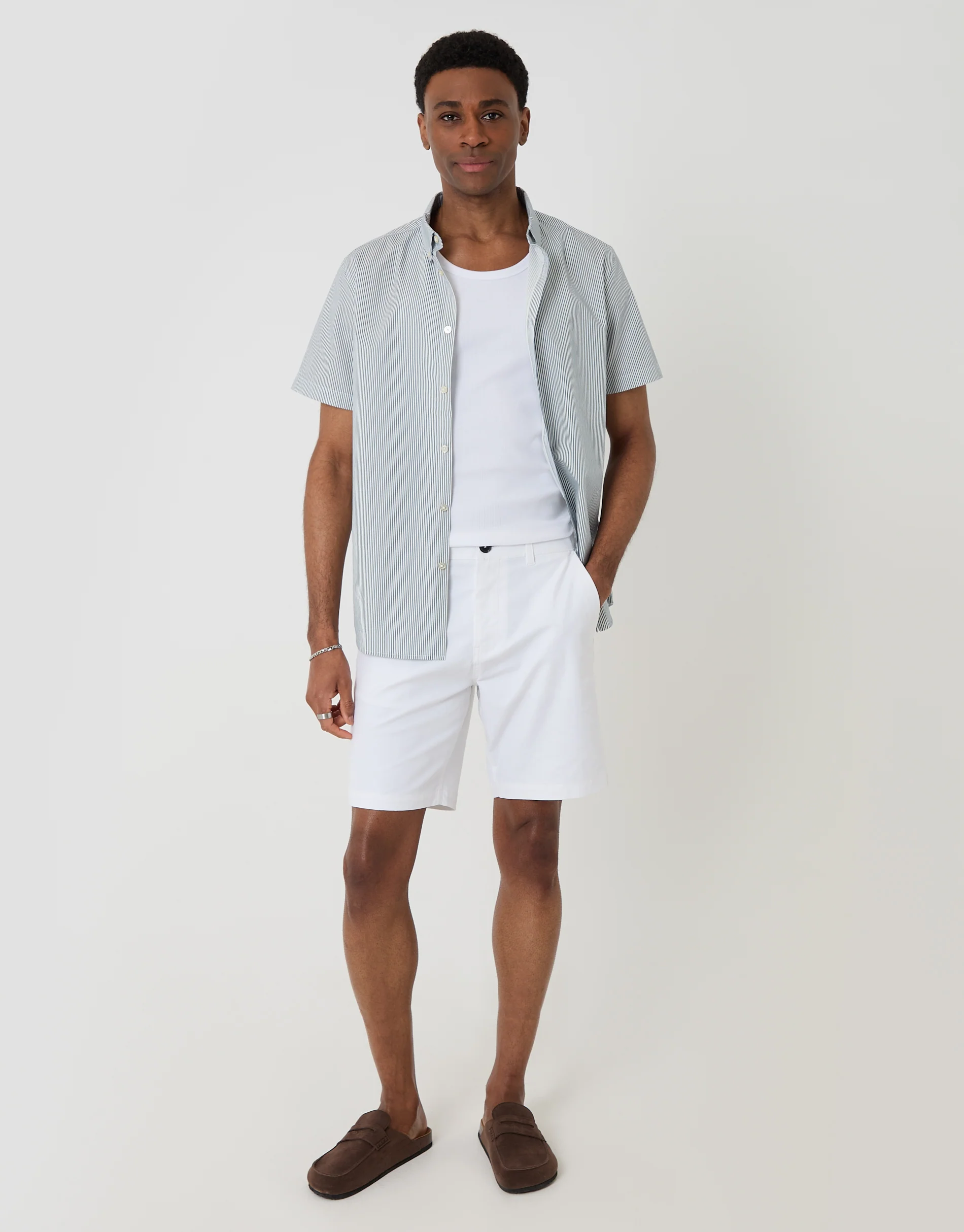Cotton Poplin Short Sleeve Shirt in Blue Stripe - Image 4