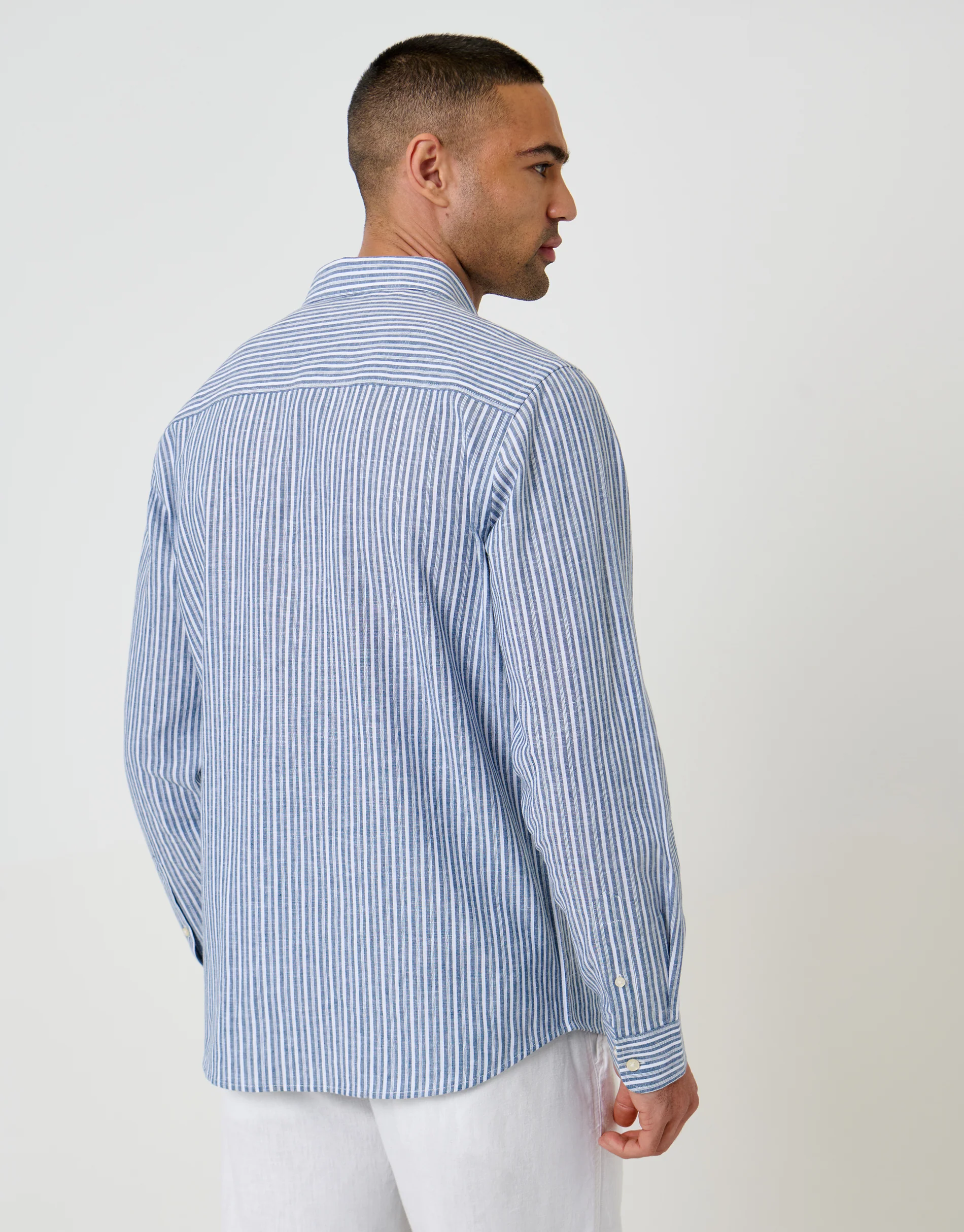 Linen Cotton Blend Long Sleeve Shirt in Blue Stripe - Image 2
