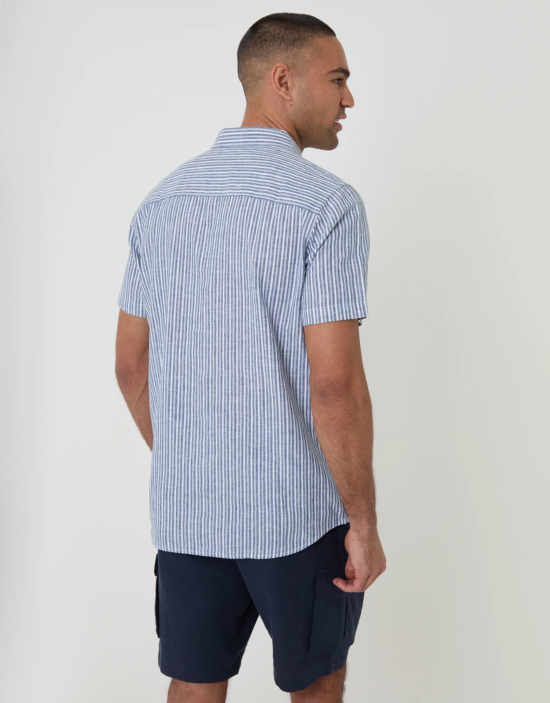 Linen Cotton Blend Short Sleeve Shirt in Blue Stripe - Image 2