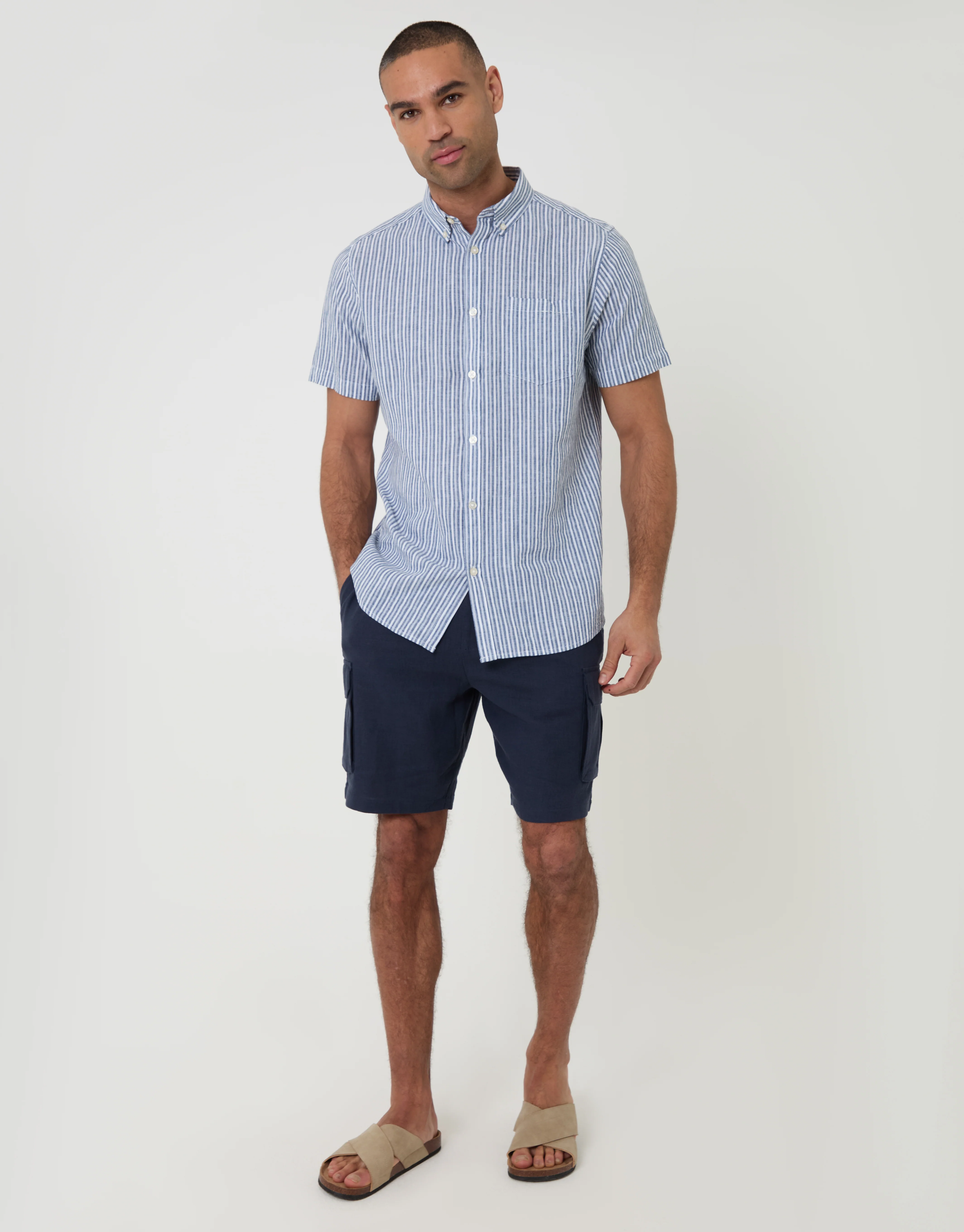 Linen Cotton Blend Short Sleeve Shirt in Blue Stripe - Image 3