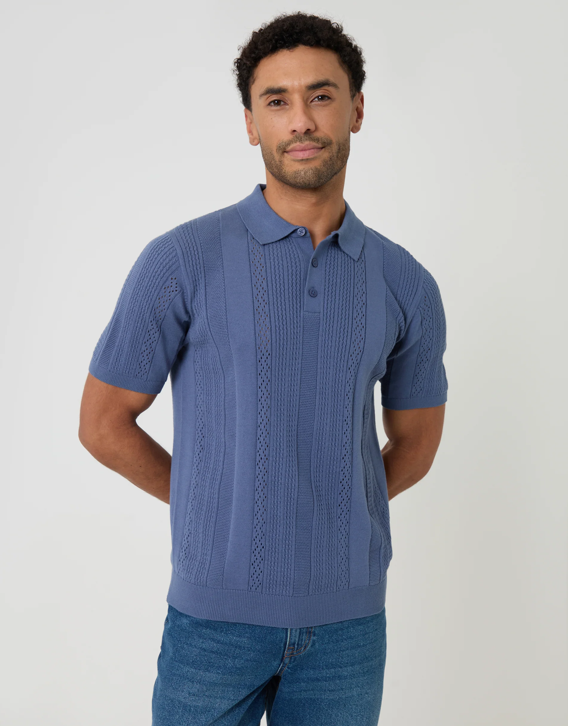 Textured Stripe Knitted Polo in Blue
