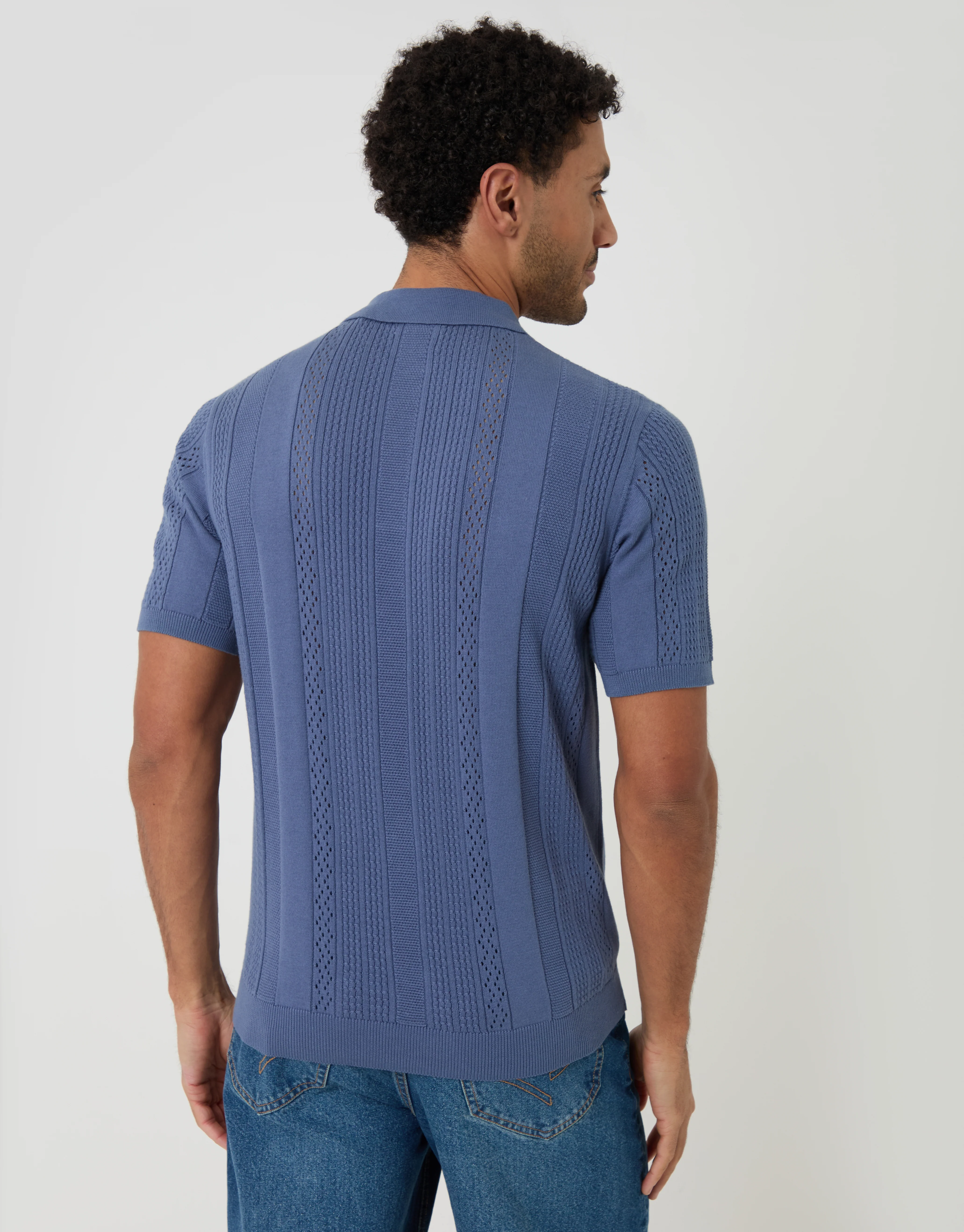 Textured Stripe Knitted Polo in Blue - Image 2