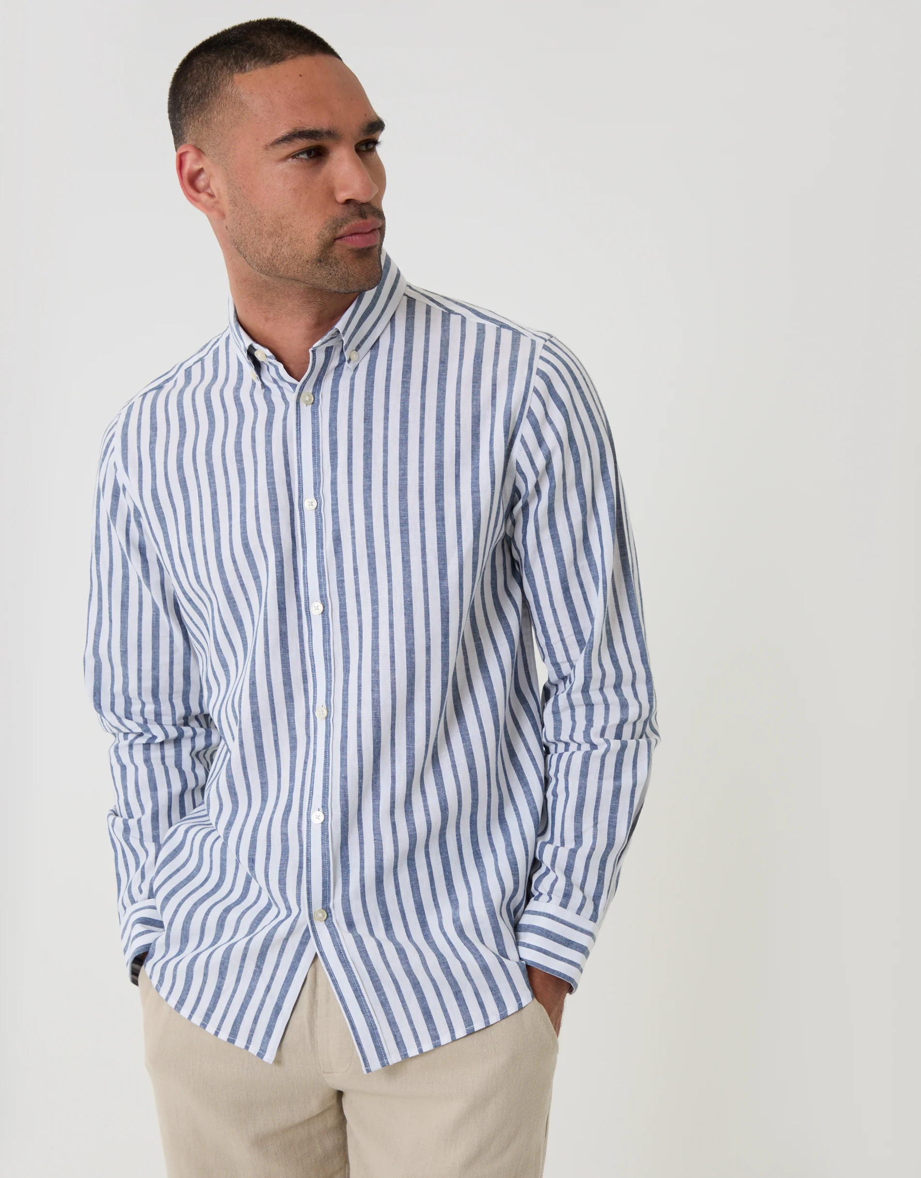 Wide Linen Cotton Blend Long Sleeve Shirt in Blue Stripe