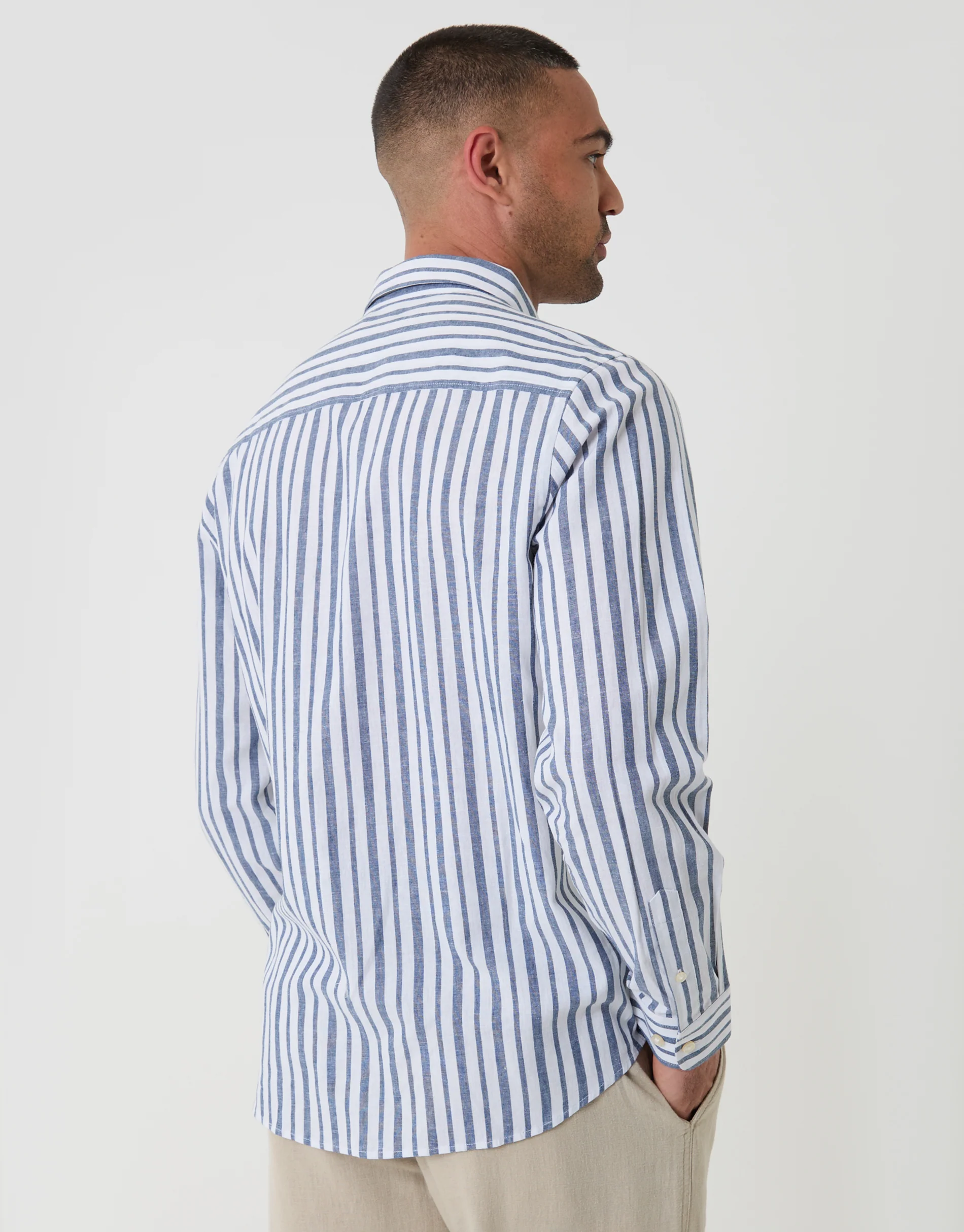 Wide Linen Cotton Blend Long Sleeve Shirt in Blue Stripe - Image 2