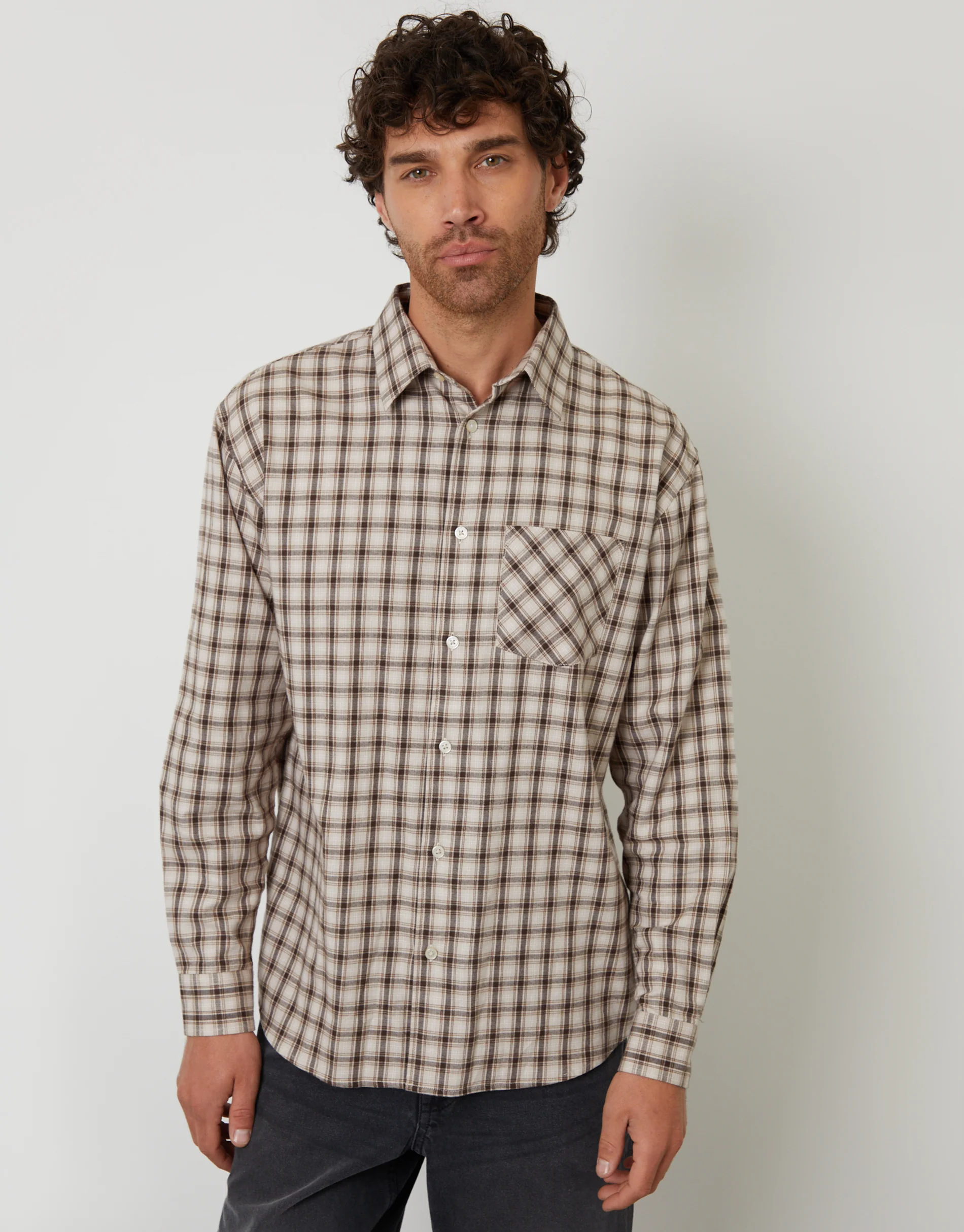 Relaxed Fit Brushed Flannel Shirt in Brown Check