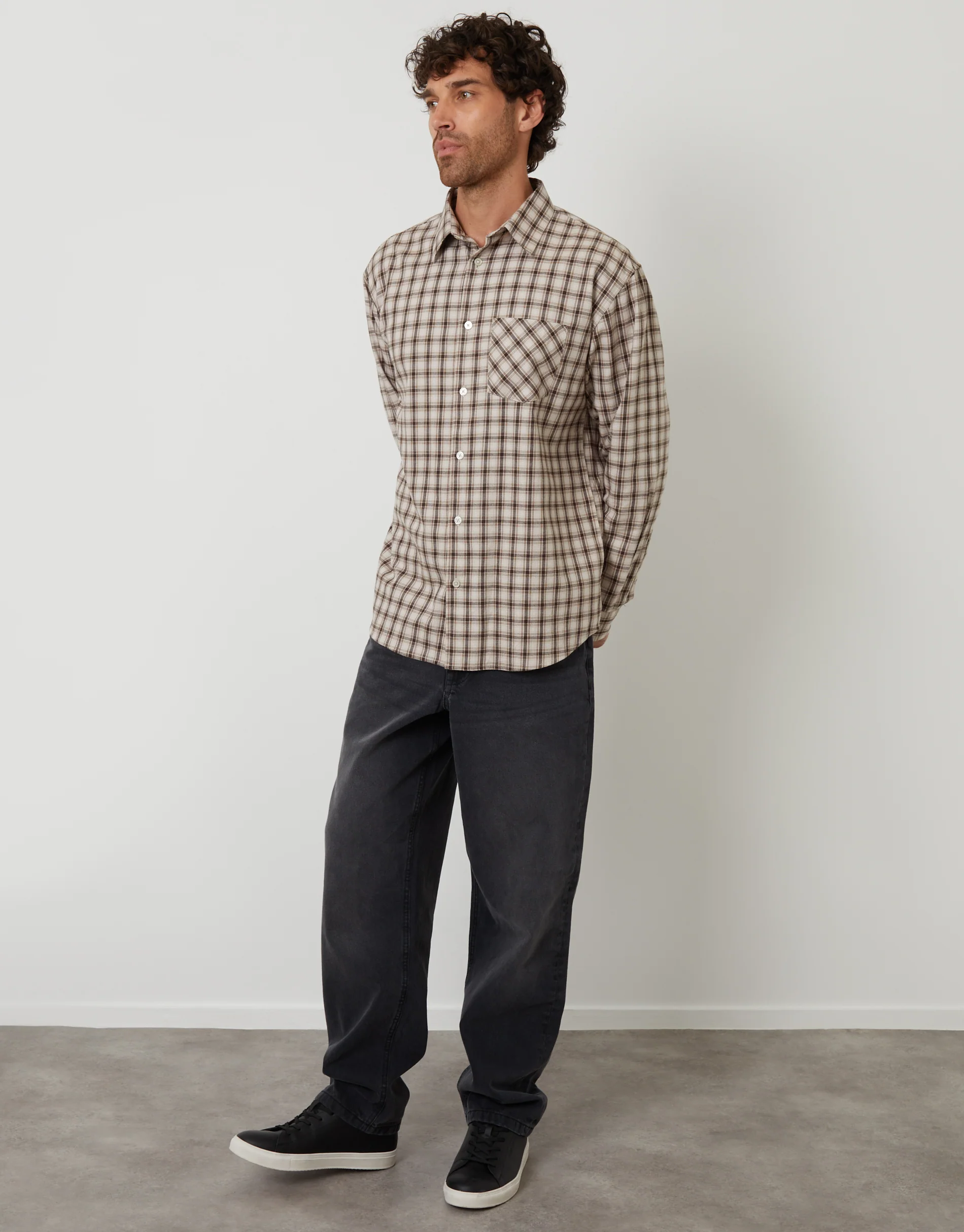 Relaxed Fit Brushed Flannel Shirt in Brown Check - Image 3