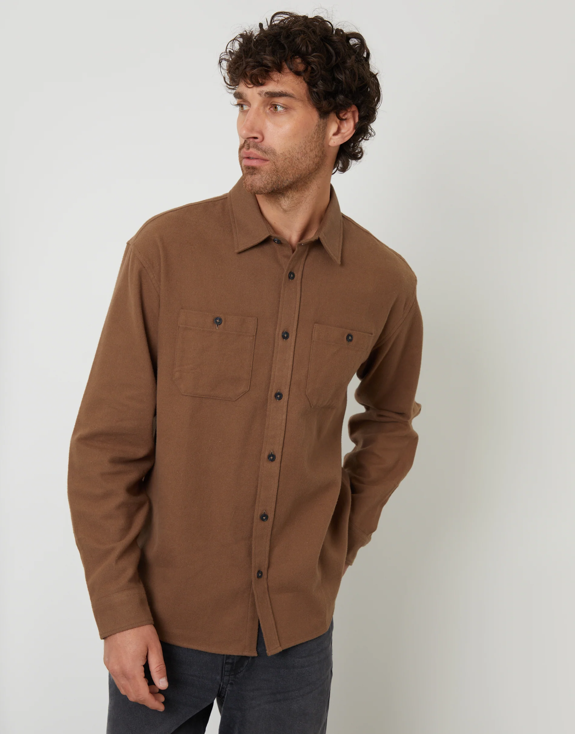 Relaxed Fit Cotton Flannel Shirt in Brown