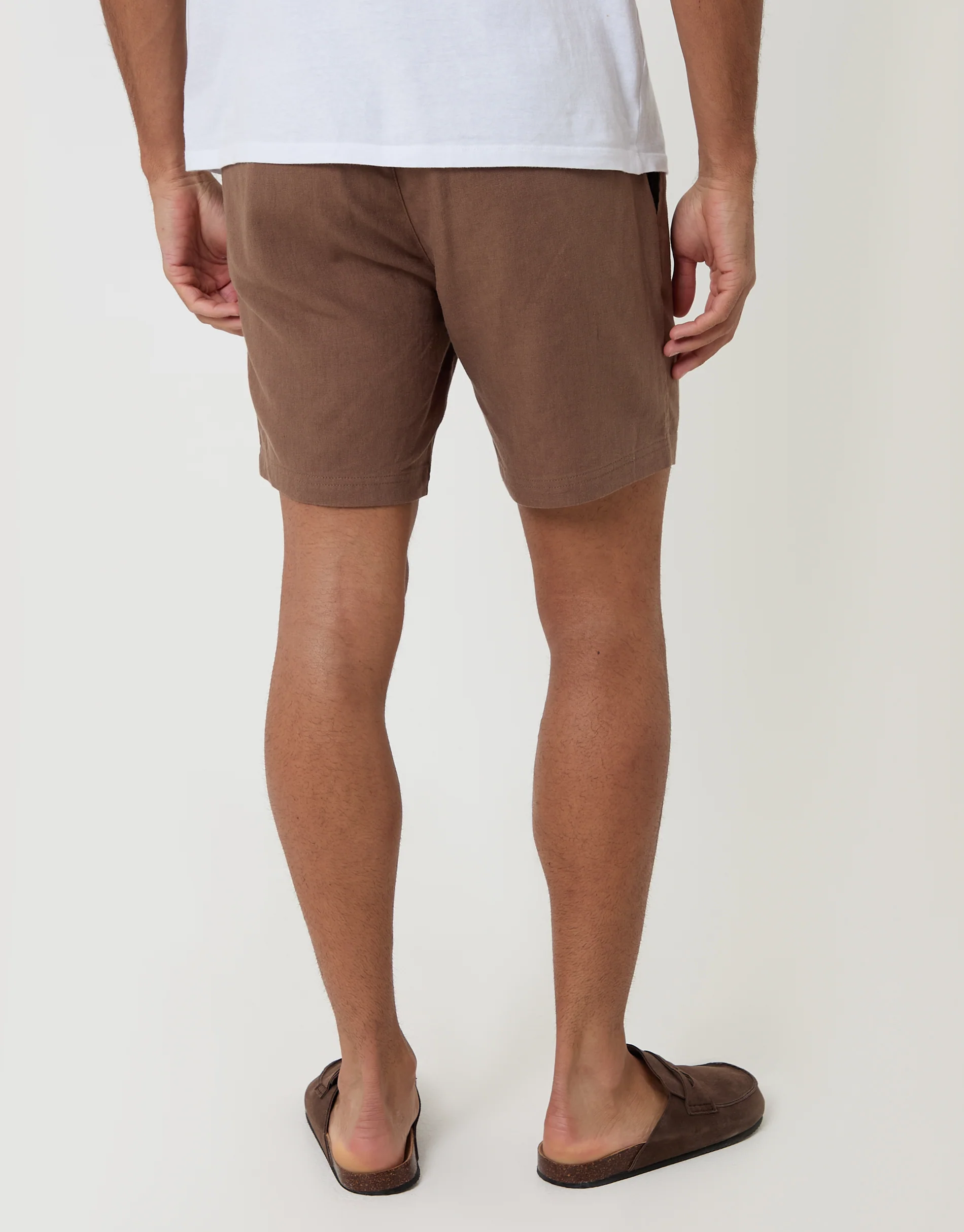 Shorter Length Elasticated Waist Linen Blend Shorts in Brown - Image 2