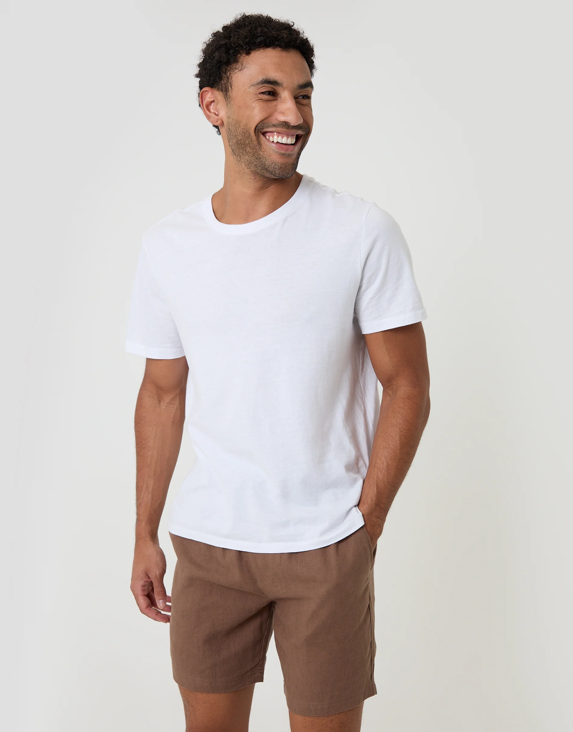 Shorter Length Elasticated Waist Linen Blend Shorts in Brown - Image 3