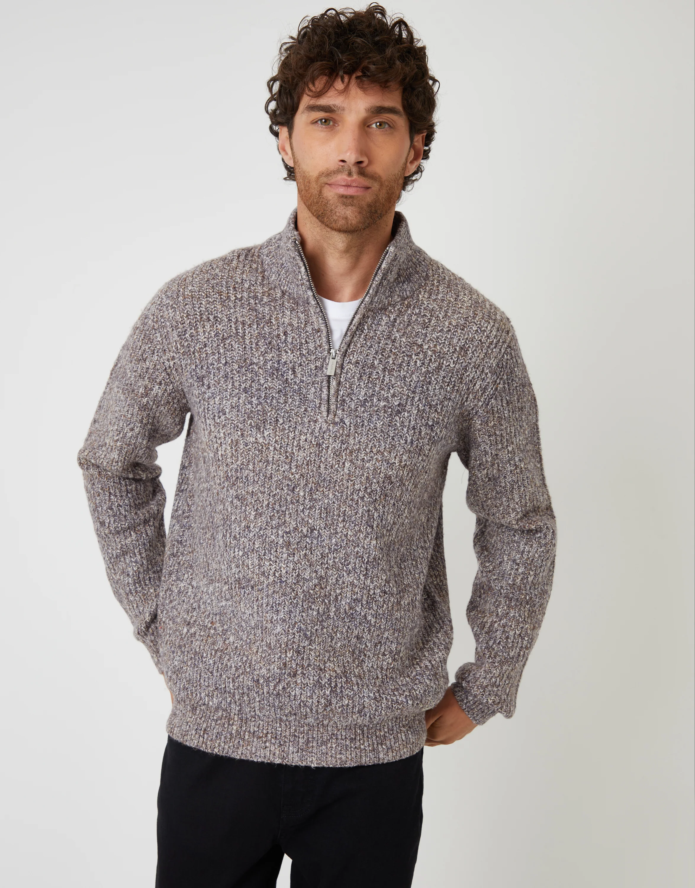 Knitted Quarter Zip Jumper in Brown Twist