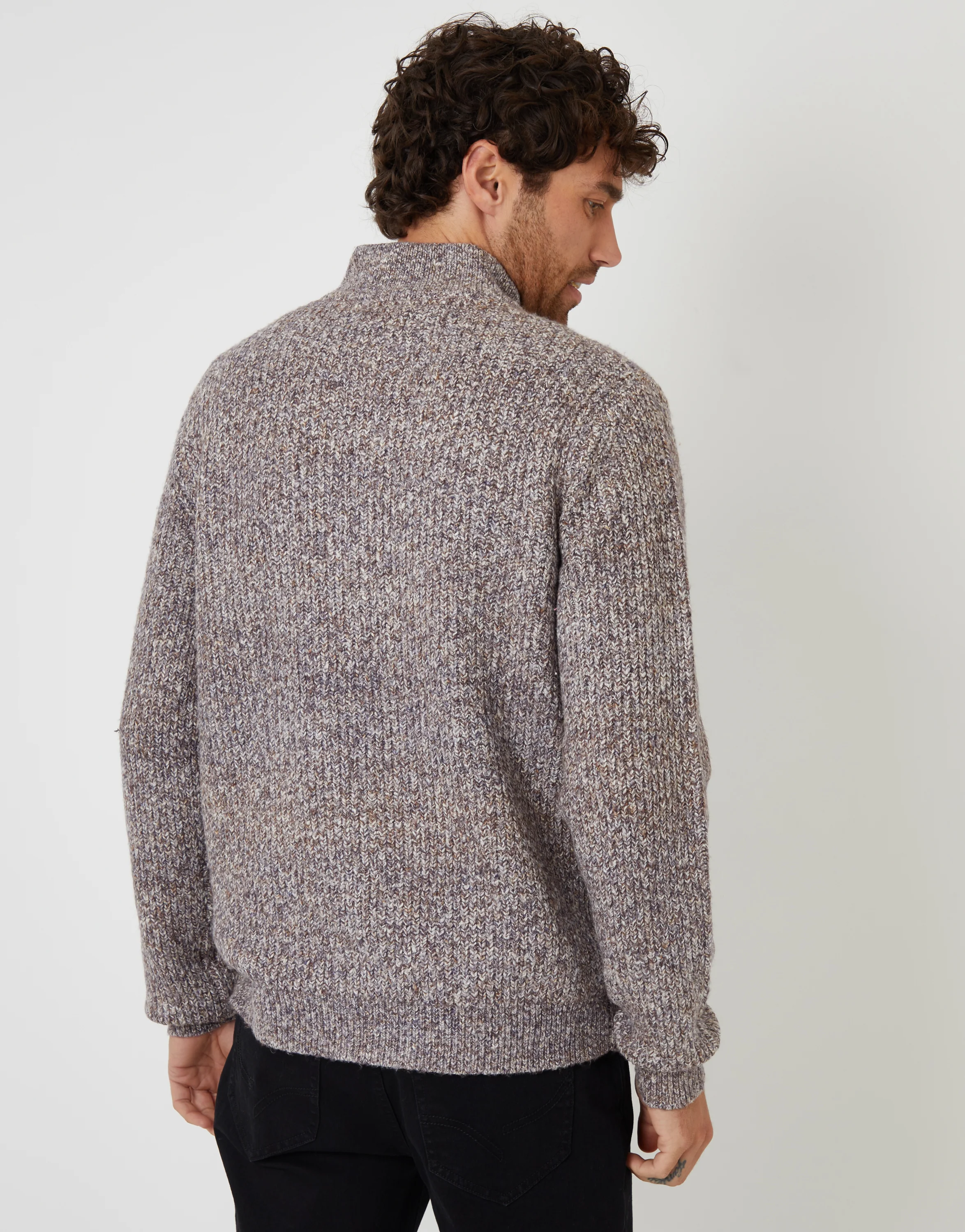 Knitted Quarter Zip Jumper in Brown Twist - Image 2