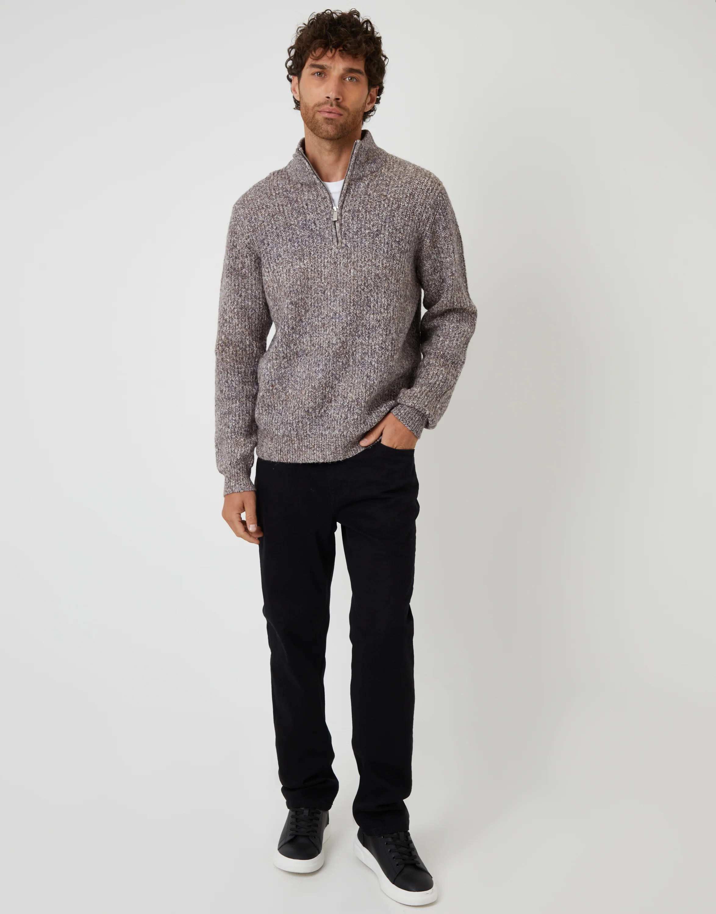 Knitted Quarter Zip Jumper in Brown Twist - Image 3