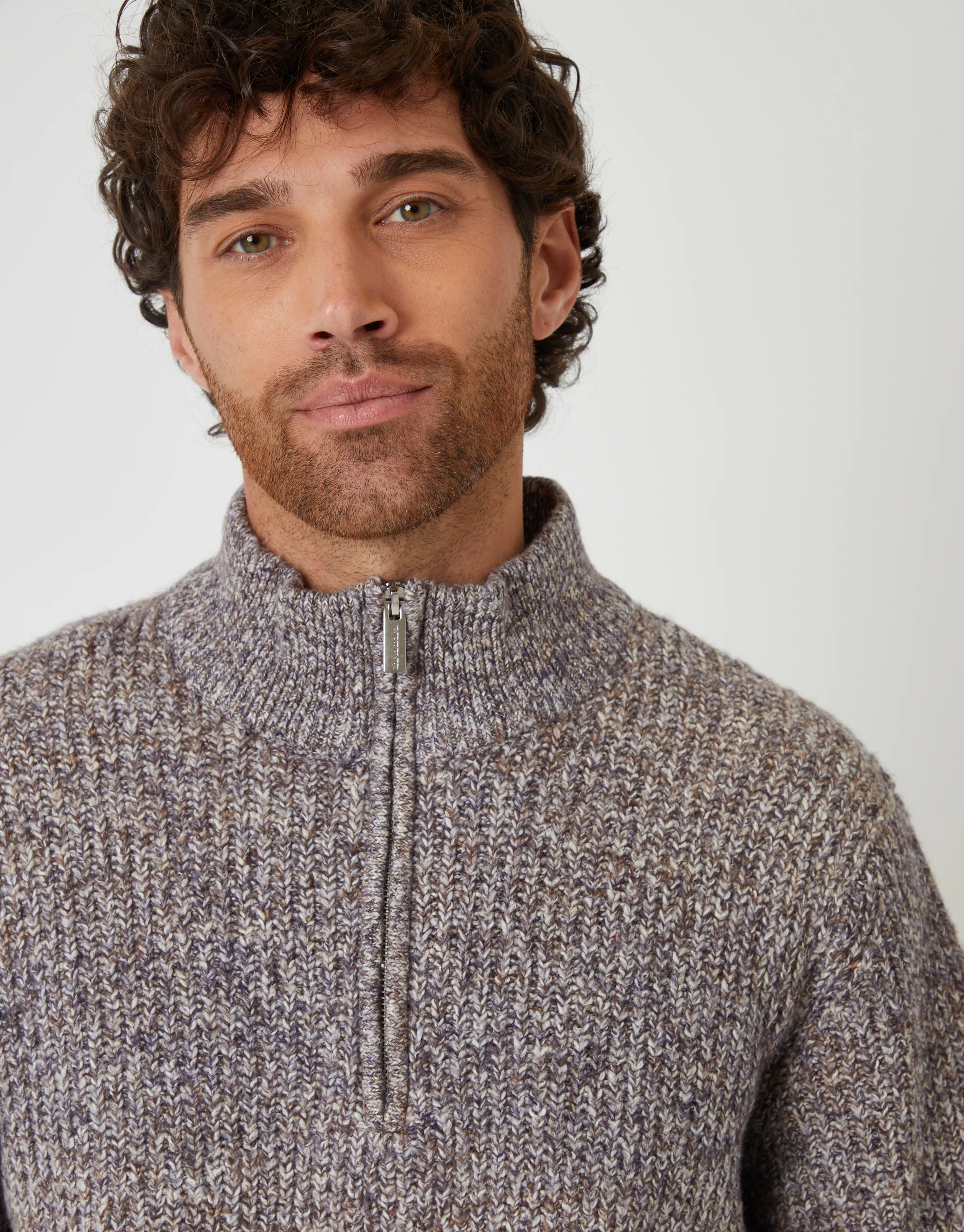 Knitted Quarter Zip Jumper in Brown Twist - Image 4