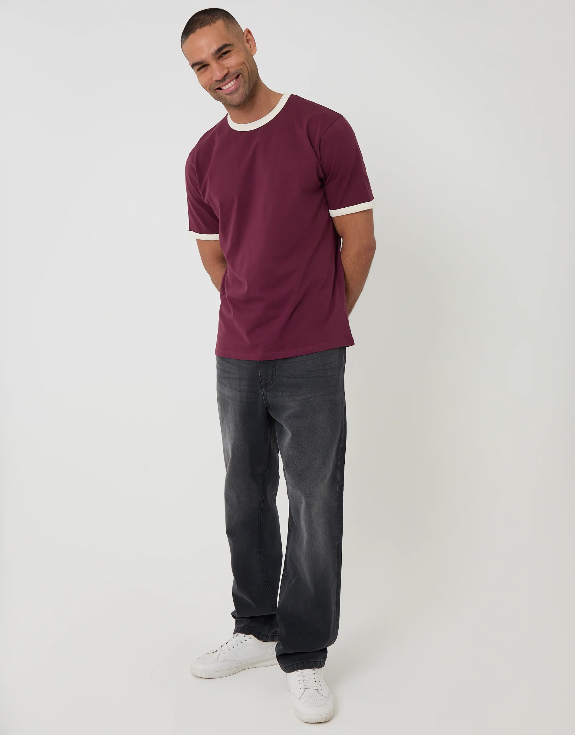 Cotton Ringer T-Shirt in Burgundy - Image 3