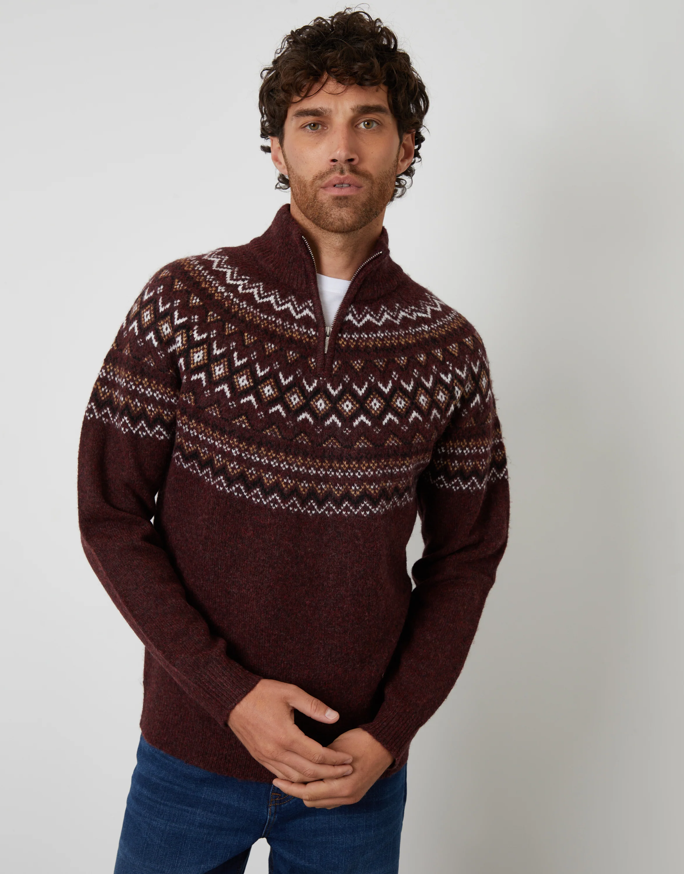 Fairisle Quarter Zip Knitted Jumper in Burgundy - Image 2
