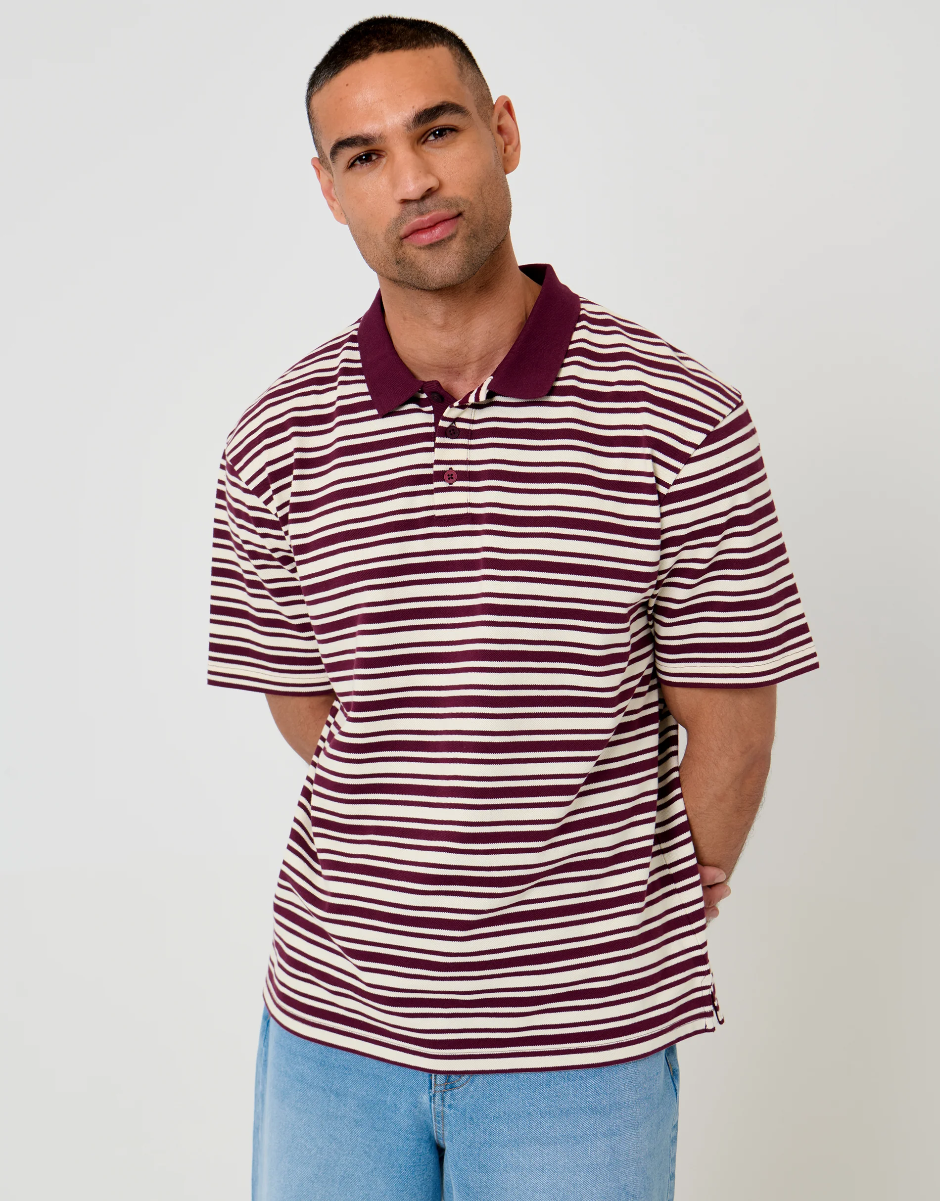 Relaxed Fit Polo Shirt in Burgundy Stripe