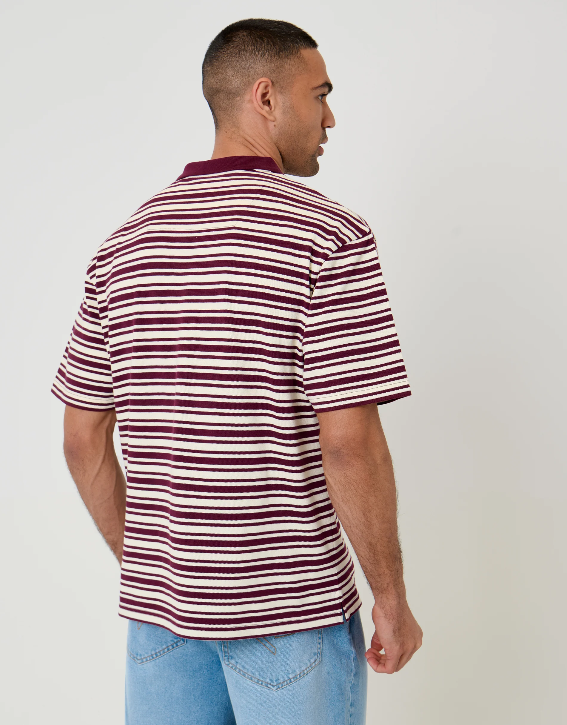 Relaxed Fit Polo Shirt in Burgundy Stripe - Image 2